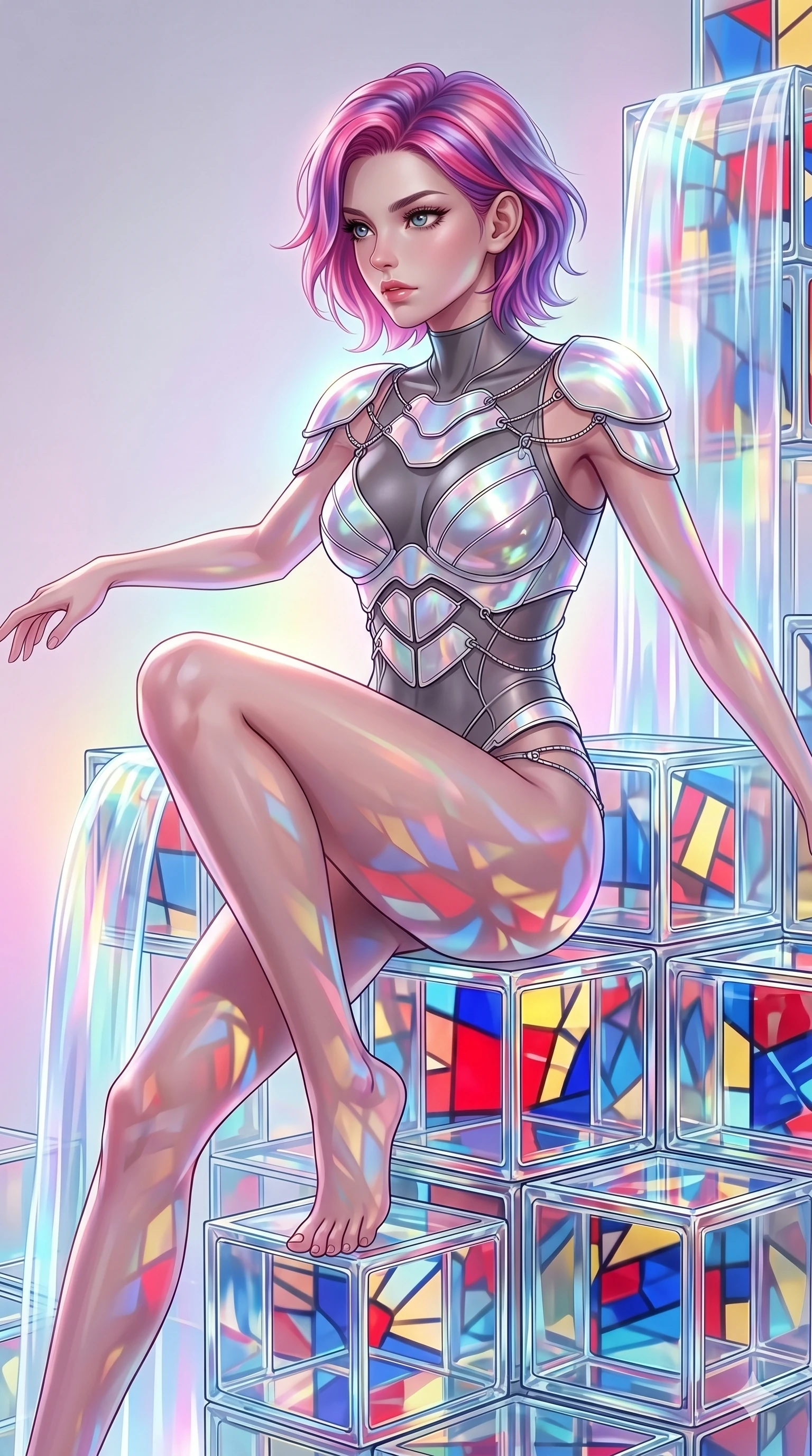 score_9, masterpiece, best quality, ultra-detailed, high-budget anime keyframe, Caucasian woman, strictly human ears. upper body close-up from the thighs up, character filling the screen for maximum presence. balancing on cubist glass blocks that cascade like a waterfall, reflecting complex mosaic patterns and primary colors. She has an absolutely perfect 8-heads proportion, an exceptionally tall and slender female figure with impossibly long slender legs and an ultra-slim waist. V-shaped jawline, high-bridge nose, intricate jewel-like eyes with depth, thick eyelashes, glossy lips with a natural sheen.. wearing a holographic ribbon shell armor, featuring thin iridescent plates linked by wire straps over a sleek contouring base. enhanced by a luminous pastel spectrum glow, casting elegant rim lights on her shoulders and jawline. 2k, ultra detail, master piece, 9:16 ratio