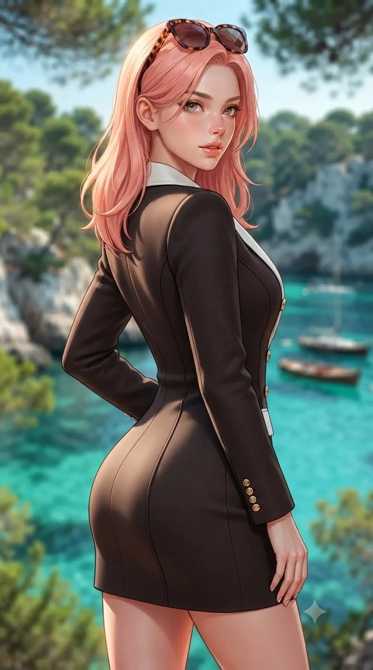score_9, masterpiece, best quality, ultra-detailed, high-budget anime keyframe, editorial fashion photography, tasteful artistic composition, Japanese woman. close-up cowboy shot from the waist and thighs up, the character dominates the composition, filling the frame with her large presence. posing in an alluring rear three-quarter angle, looking over a bare shoulder with parted glossy lips, her hips cocked back to highlight her slim hourglass curve while twisting her slender torso in an alluring contrapposto stance, dappled pine branch shadows and turquoise reflections tracing her narrow waist and curvy hips. The background shows a soft-focus crystalline emerald cove waters, lush maritime pine trees clinging to white limestone cliffs, and distant anchored wooden skiffs blurred into jade, turquoise, and pine-green bokeh. She has an exceptionally elegant, slender, and willowy female figure with an ultra-slim waist, flat toned midriff, narrow ribcage, and sculpted feminine hips creating an alluring, slim hourglass silhouette without bulk. sharp v-shaped jawline, high-bridge nose, sparkling eyes with hypnotic seductive depth, thick curled eyelashes, glossy parted lips with a natural dewy peach sheen, alluring bedroom-eyes with an enchanting coquettish smile, exuding magnetic siren charisma and sophisticated glamour, flawlessly proportioned anatomical accuracy, strict slender model proportions, natural body alignment, perfectly sculpted long slender limbs, ultra-slim waistline, clean dynamic posture without body distortion. wearing a tailored double-breasted nautical yachting blazer dress with gold anchor crest buttons and crisp white lapels in dark espresso leather and warm amber highlights, tailored from second-skin technical compression neoprene with athletic curve-sculpting stretch, complemented by oversized designer tortoiseshell sunglasses resting atop her head, the bespoke structured tailoring following the natural line of her 8.5-heads silhouette with refined elegance. illuminated by emerald water bounce and sharp golden-peach rim lights defining her razor-sharp jawline, narrow waist, and curvy hips. ultra-reflective glossy finish, specular highlights, rich textural contrasts, high-contrast stereoscopic depth, volumetric dynamic lighting, 2k, ultra detail, master piece, 9:16 ratio