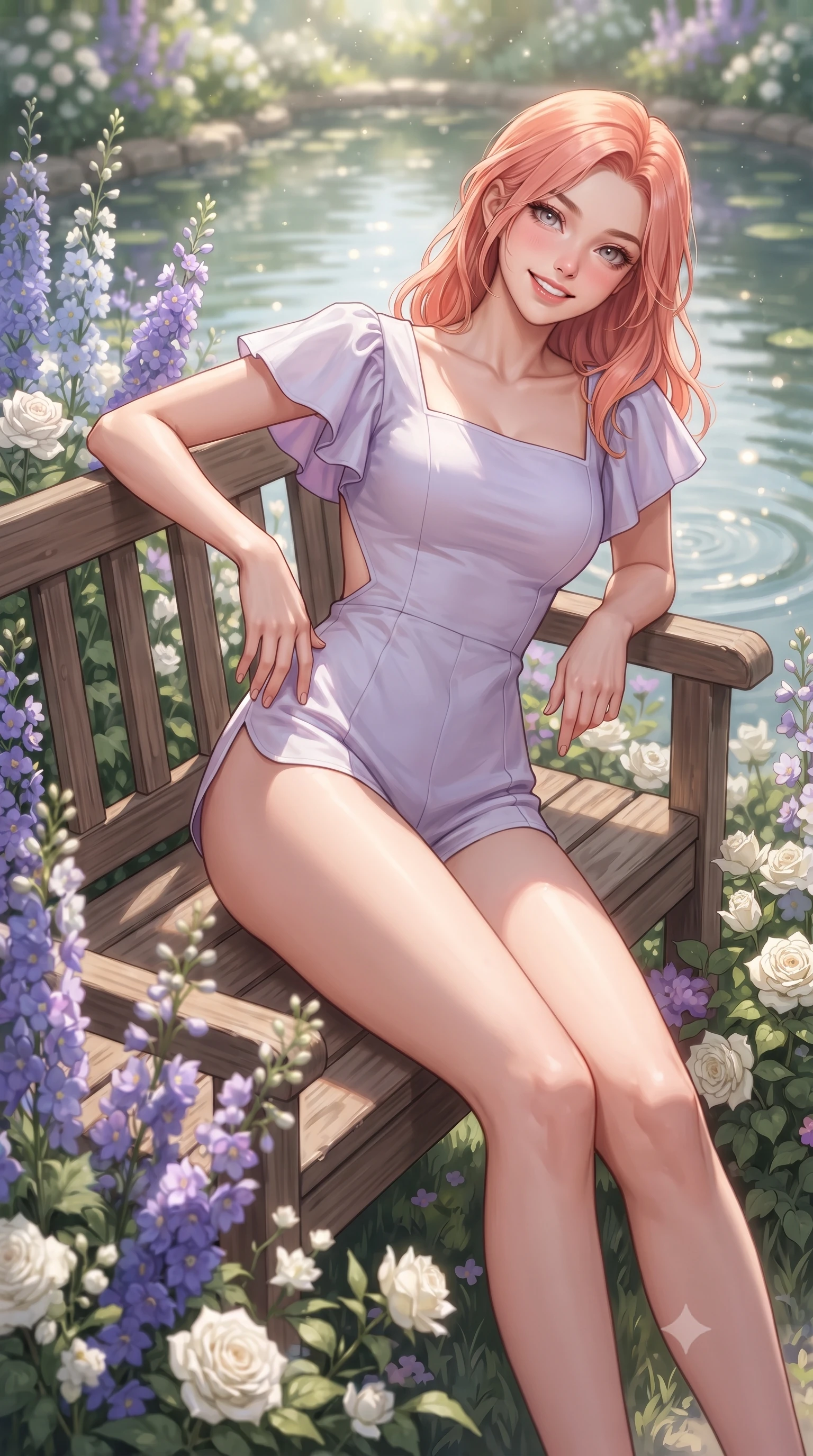 score_9, masterpiece, best quality, ultra-detailed, high-budget anime keyframe, editorial fashion photography, tasteful artistic composition, Japanese woman. close-up cowboy shot from the waist and thighs up, the character dominates the composition, filling the frame with her large presence. tilting her head with a cute beaming smile while arching her spine with effortless dancer poise, one hand sliding along her hip line in a flirtatious S-curve while reclining on a wooden garden bench beside the pond, her long slender legs and curvy hips framed by blooming purple and white flowers. The composition keeps background elements in soft focus with dreamy creamy bokeh. sun-dappled pond reflections and gentle water ripples softened in impressionist romantic shallow focus. She has an exceptionally elegant, slender, and willowy female figure with an ultra-slim waist, flat toned midriff, narrow ribcage, and sculpted feminine hips creating an alluring, slim hourglass silhouette without bulk. sharp v-shaped jawline, high-bridge nose, intricate jewel-like sparkling eyes with depth, thick eyelashes, glossy parted lips with a natural peach sheen, bright cheerful beaming smile with an enchanting and coquettish sensual glint, exuding both youthful cute charm and seductive allure, flawlessly proportioned anatomical accuracy, strict slender model proportions, natural body alignment, perfectly sculpted long slender limbs, ultra-slim waistline, clean dynamic posture without body distortion. wearing a second-skin stretch cotton camisole romper with high-cut leg openings and an open back in delicate lavender violet and pearlescent white, tailored from crisp cotton poplin with clean structural lines, featuring elegant flutter sleeves and a graceful square neckline, the precision-cut side openings and low-back scoop framing her graceful spine and the sensual sweep of her slim, toned hips. illuminated by calm pond surface specular reflections sharply defining her razor-sharp jawline, narrow waist, and curvy hips. ultra-reflective glossy finish, specular highlights, rich textural contrasts, high-contrast stereoscopic depth, volumetric dynamic lighting, 2k, ultra detail, master piece, 9:16 ratio