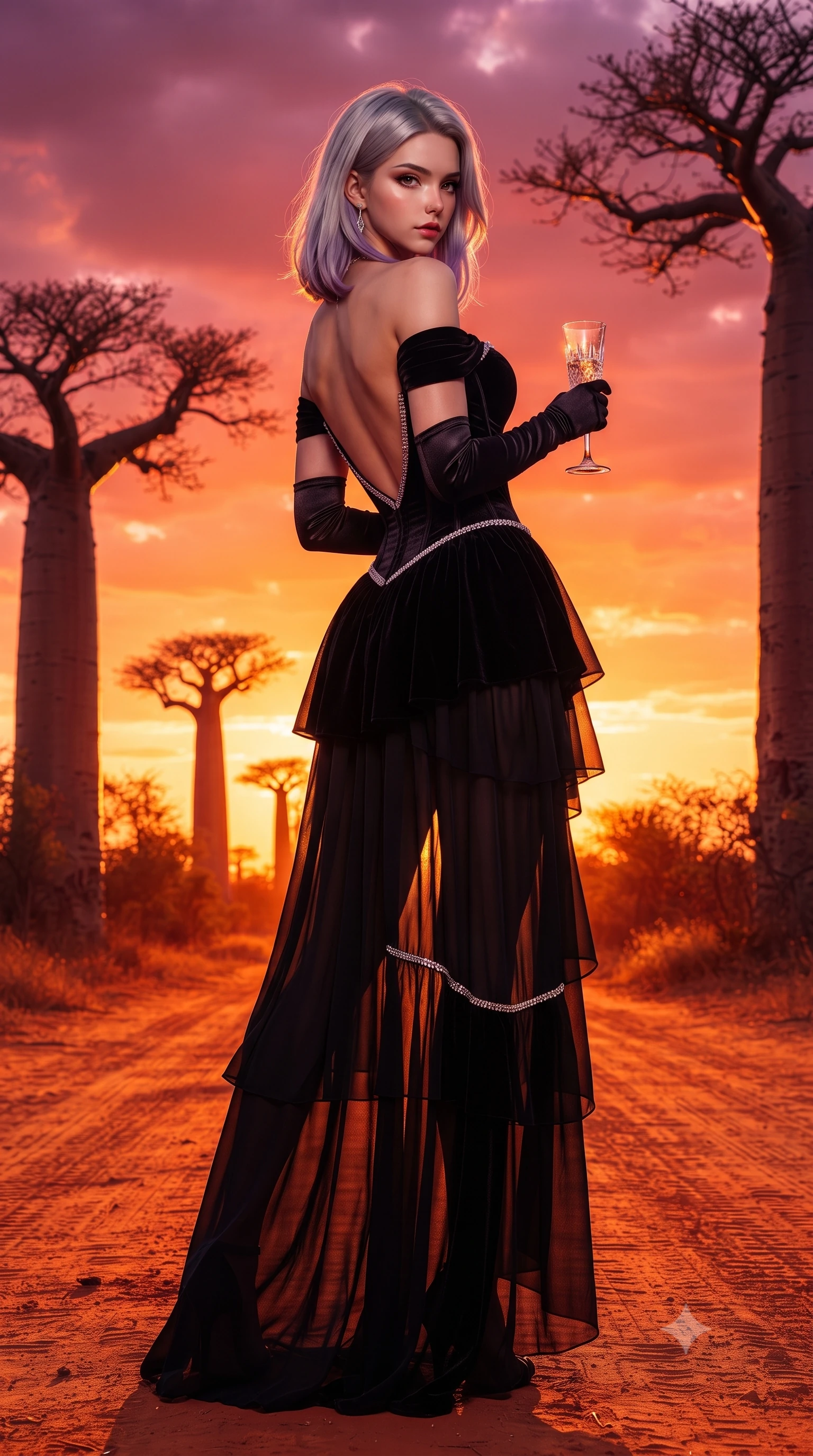 score_9, masterpiece, best quality, ultra-detailed, high-budget anime keyframe, editorial fashion photography, tasteful artistic composition, Caucasian woman. low angle full-body shot from head to toe showing her feet, filling the entire 9:16 vertical frame with her statuesque presence, stretching her vertical silhouette. posing with back turned slightly to the lens, glancing back with smoldering allure as she arches her lower back to emphasize her sculpted feminine hips and slender waist while standing poised on the sun-baked earth, twisting her slender torso in an alluring S-curve as evening trade winds flutter her sheer safari gown. The surrounding environment is rendered in vivid detail and crisp panoramic clarity. sharp baobab bark fissures, red-earth road dust textures, and baobab crown branches in deep focus. She has an exceptionally tall and slender model-like 8.5-heads proportion, an ultra-slim waist, a flat toned midriff, narrow delicate ribcage, and beautifully sculpted feminine hips creating a graceful, slim hourglass silhouette without any bulky heaviness, with impossibly long slender legs. sharp v-shaped jawline, high-bridge nose, intricate jewel-like eyes with depth, thick eyelashes, glossy parted lips with a natural sheen, intensely captivating and seductive bedroom-eyes expression, flawlessly proportioned anatomical accuracy, strict slender model proportions, natural body alignment, perfectly sculpted long slender limbs, ultra-slim waistline, clean dynamic posture without body distortion. wearing an off-shoulder French court corset bodice dress paired with a tiered translucent chiffon slit skirt in pitch-black velvet with diamond crystal trim, made of fluid silk crepe with delicate inner corsetry boning, accessorized with opera-length satin gloves and a vintage crystal glass, the dramatically scooped open back descending to the base of her spine, accentuating her razor-sharp statuesque lines and slim hourglass silhouette. bathed in breathtaking African sunset backlighting in rich shades of fire-orange and deep magenta. ultra-reflective glossy finish, specular highlights, rich textural contrasts, high-contrast stereoscopic depth, volumetric dynamic lighting, 2k, ultra detail, master piece, 9:16 ratio