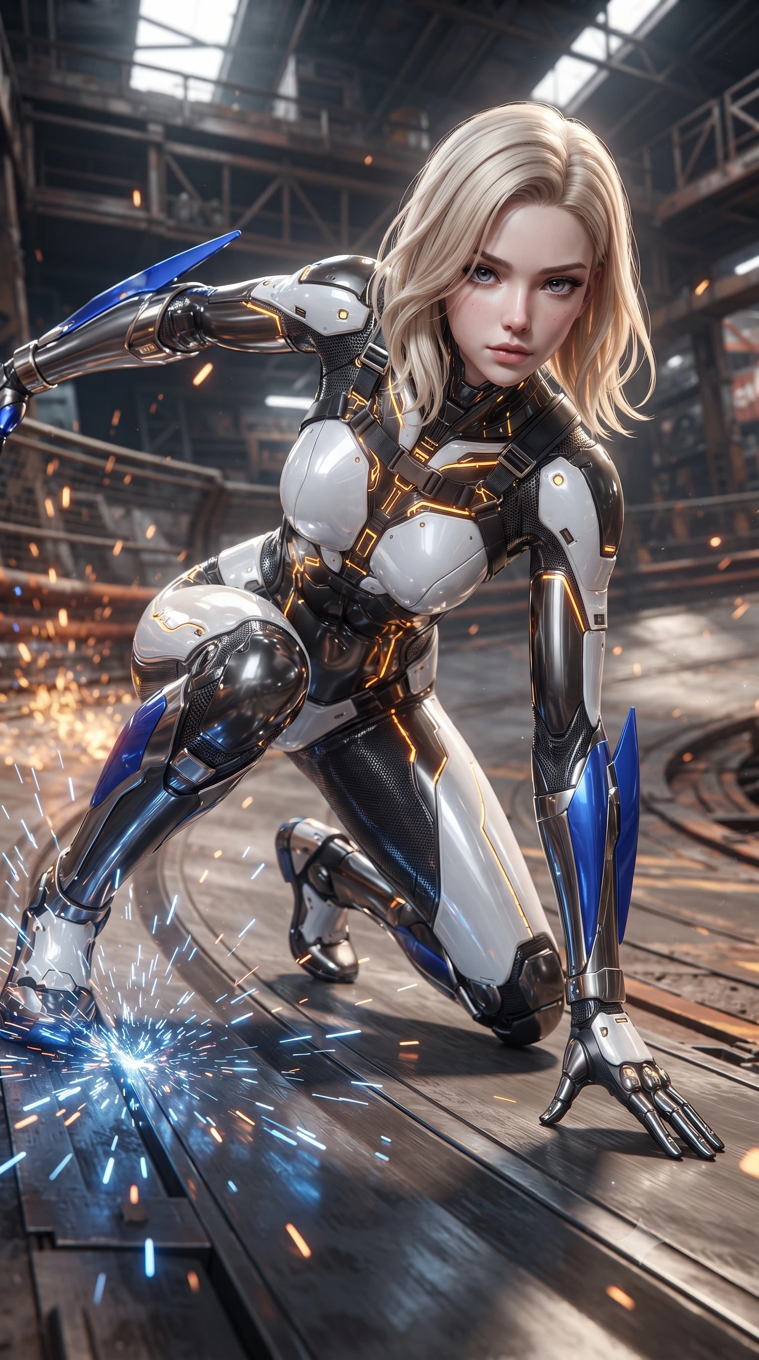 score_9, masterpiece, best quality, ultra-detailed, high-budget anime keyframe, editorial fashion photography, tasteful artistic composition, Caucasian woman. close-up cowboy shot from the waist and thighs up, the character dominates the composition, filling the frame with her large presence. shifting into a low cat-stance with arms crossed defensively, glowing energy conduits tracing her ultra-slim waist and sculpted clavicle while drifting at extreme velocity along the banked metal curve of a Scrapyard Motorball arena, touching one hand to the track as blue sparks fly. The surrounding environment is rendered in vivid detail and crisp panoramic clarity. high-contrast cyberpunk sports chiaroscuro and raw kinetic energy captured with environmental precision. She has an exceptionally elegant, slender, and willowy female figure with an ultra-slim waist, a gracefully sculpted slender torso, toned flat midriff, and a refined slim silhouette. sharp v-shaped jawline, high-bridge nose, intricate jewel-like eyes with depth, thick eyelashes, glossy lips with a natural sheen, flawlessly proportioned anatomical accuracy, strict slender model proportions, natural body alignment, perfectly sculpted long slender limbs, ultra-slim waistline, clean dynamic posture without body distortion. wearing a high-contrast monochrome white-and-black carbon-composite exoskeleton suit with glowing amber circuitry and aerodynamic limb fins in electric cobalt blue carbon with polished platinum trim, tailored from flexible second-skin carbon-mesh that clings flawlessly to her athletic curves, reinforced by a sleek titanium kinetic harness and glowing micro-energy straps, the form-contouring material adhering flawlessly to her sculpted flat midriff and slender torso, emphasizing her long leg lines and perfectly proportioned willowy build. illuminated by crisp white key lighting with sharp specular highlights tracing her sculpted athletic curves. ultra-reflective glossy finish, specular highlights, dark metallic sheen, high-contrast stereoscopic depth, volumetric dynamic lighting, 2k, ultra detail, master piece, 9:16 ratio