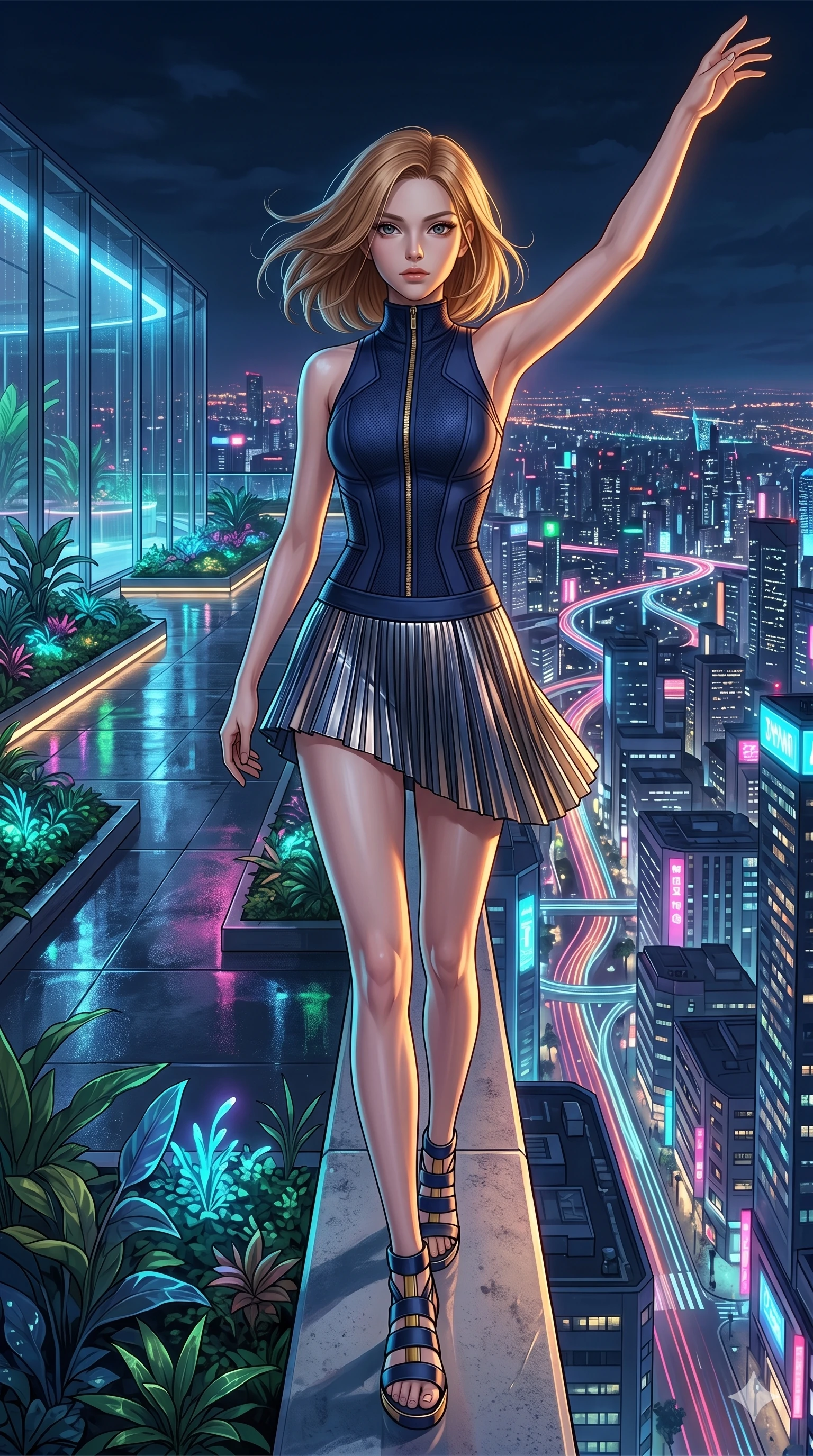 score_9, masterpiece, best quality, ultra-detailed, high-budget anime keyframe, editorial fashion photography, tasteful artistic composition, Korean woman. low angle full-body shot from head to toe showing her feet, filling the entire 9:16 vertical frame with her statuesque presence, stretching her vertical silhouette. Gliding forward with one arm sweeping upward toward the sky at the edge of a futuristic rooftop garden overlooking a neon-drenched megalopolis at night. She has an absolutely perfect 8-heads proportion, an exceptionally tall and slender female figure with impossibly long slender legs and an ultra-slim waist. V-shaped jawline, high-bridge nose, intricate jewel-like eyes with depth, thick eyelashes, glossy lips with a natural sheen. wearing a structured high-neck athletic bodysuit in deep navy with bold architectural side paneling and a gold zip detail, layered under an asymmetric pleated metallic mini skirt at mid-thigh. lit by dramatic chiaroscuro with a single golden key light carving her facial contours and figure. 2k, ultra detail, master piece, 9:16 ratio