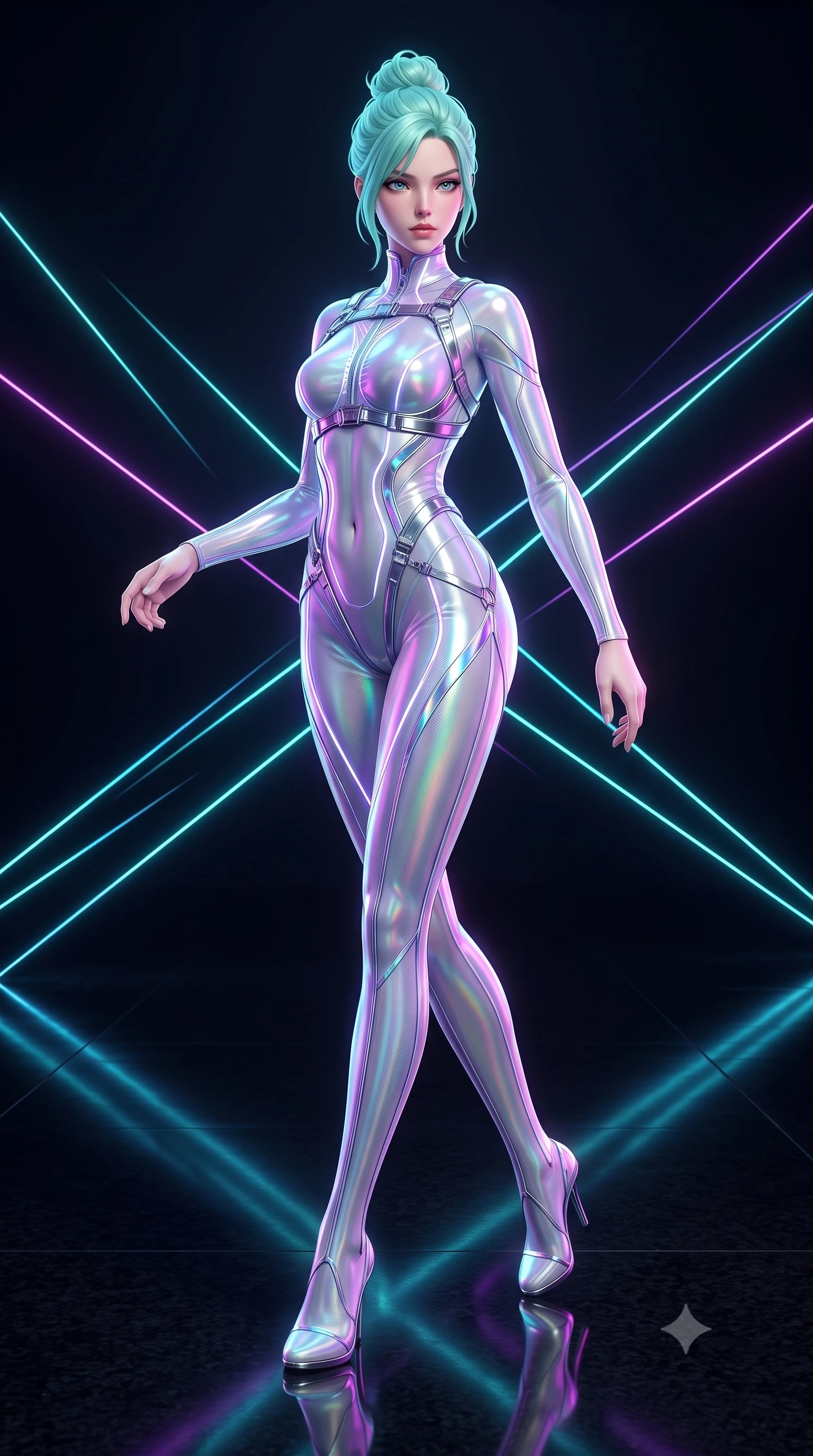 score_9, masterpiece, best quality, ultra-detailed, high-budget anime keyframe, semi-realistic 3D game render, editorial fashion photography, tasteful artistic composition, Japanese woman. low angle full-body shot from head to toe showing her feet, filling the entire 9:16 vertical frame with her statuesque presence, stretching her vertical silhouette. pivoting dynamically in mid-motion with a breathtakingly alluring posture, displaying her flawless model proportions, toned flat midriff, and ultra-slim waist while pivoting dynamically on a reflective black granite floor as criss-crossing neon laser lines trace her statuesque contour. The surrounding environment is rendered in vivid detail and crisp panoramic clarity. high-contrast minimalist chiaroscuro and cutting-edge cybernetic precision rendered with sharpness. She has an absolutely perfect, statuesque 8.5-heads proportion, an exceptionally tall and slender model-like female figure with impossibly long slender legs, a toned flat midriff, and an ultra-slim waist. sharp v-shaped jawline, high-bridge nose, intricate jewel-like eyes with depth, thick eyelashes, glossy lips with a natural sheen, flawlessly proportioned anatomical accuracy, strict slender model proportions, natural body alignment, perfectly sculpted long slender limbs, ultra-slim waistline, clean dynamic posture without body distortion. wearing an ultra-sleek aerodynamic tech-jumpsuit sculpted tightly to her figure, accented with glowing fiber-optic spine lines in iridescent holographic chrome with prism violet highlights, crafted from delicate iridescent organza interwoven with luminescent micro-fibers, reinforced by a sleek metallic chrome harness and delicate glowing micro-straps, the glove-like aerodynamic second-skin fit tightly clinging to her ultra-slender waist and athletic curves without adding bulk, accentuating her razor-sharp statuesque lines and slim hourglass silhouette. surrounded by an ultra-chic, commanding, and fiercely magnetic cyber-sovereign atmosphere. rich saturated anime colors with glowing neon highlights, detailed shading with soft gradients, rich glossy textures, high-contrast stereoscopic depth, volumetric dynamic lighting, master piece, 9:16 ratio