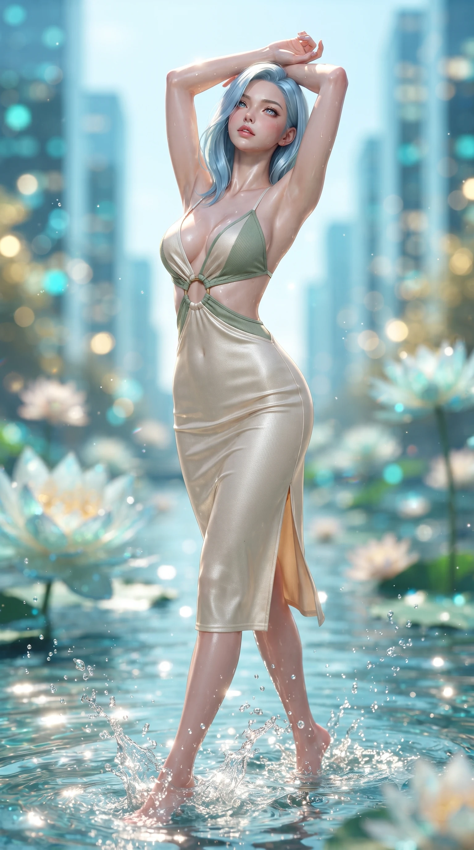 score_9, masterpiece, best quality, ultra-detailed, high-budget anime keyframe, editorial fashion photography, tasteful artistic composition, Korean woman. close-up cowboy shot from the waist and thighs up, the character dominates the composition, filling the frame with her large presence. arching her back languidly with arms stretching overhead, highlighting her narrow waist and feminine silhouette in pure supermodel elegance while wading lightly into the shallow lotus pool, water splashing around her slender ankles in glittering droplets. The composition keeps background elements in soft focus with creamy bokeh. giant floating lotus blossoms and distant vertical forest skyscrapers blurred into crystalline turquoise, gold, and azure bokeh. She has an exceptionally elegant, slender, and willowy female figure with an ultra-slim waist, a gracefully sculpted slender torso, toned flat midriff, and a refined slim silhouette. sharp v-shaped jawline, high-bridge nose, intricate jewel-like eyes with depth, thick eyelashes, glossy parted lips with a natural sheen, intensely captivating and seductive expression, flawlessly proportioned anatomical accuracy, strict slender model proportions, natural body alignment, perfectly sculpted long slender limbs, ultra-slim waistline, clean dynamic posture without body distortion. wearing a radiant champagne silk slip dress with an ultra-deep plunging back and delicate thin straps in pure alabaster white and fresh sage green, crafted from gold-threaded rib-knit fabric that contours her curves, accented with sculptural brass ring hardware framing the torso cutouts, the relaxed yet flattering fit accentuating her naturally graceful and slender figure, highlighting her tall statuesque proportions. bathed in midday azure skylight and shimmering pool water caustic bounce lights. ultra-reflective glossy finish, specular highlights, rich textural contrasts, high-contrast stereoscopic depth, volumetric dynamic lighting, 2k, ultra detail, master piece, 9:16 ratio