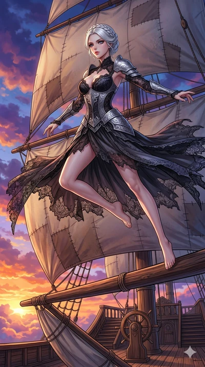 score_9, masterpiece, best quality, ultra-detailed, High-budget Anime Keyframe, beautiful Korean anime girl. Low angle cowboy shot filling the entire 9:16 frame with her statuesque presence. Leaping across the sails of a giant airship in the clouds a