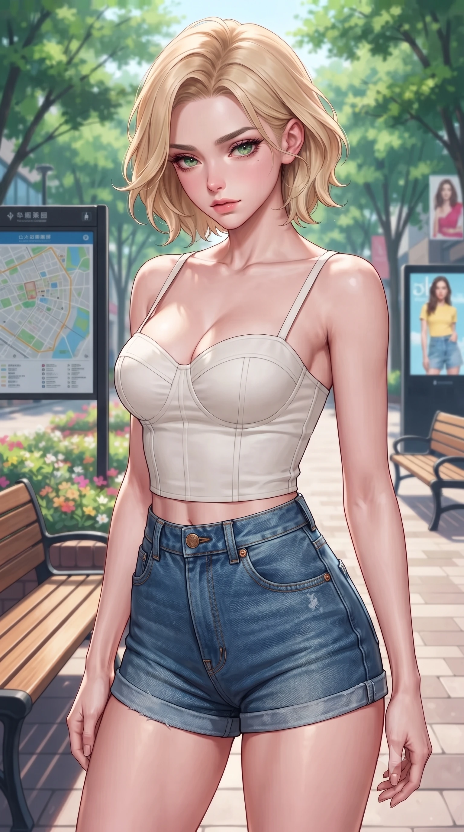 score_9, masterpiece, best quality, ultra-detailed, high-budget anime keyframe, editorial fashion photography, tasteful artistic composition, Caucasian woman. close-up cowboy shot from the waist and thighs up, the character dominates the composition, filling the frame with her large presence, background elements kept in soft focus. looking down at the camera beneath lowered lashes with a quiet, alluring confidence set against a soft-focus background of on a leafy shopping avenue with wooden benches and flower beds with a street map board and digital fashion advertisements in the background. She has an exceptionally elegant, slender, and willowy female figure with an ultra-slim waist, a gracefully sculpted slender torso, and a refined silhouette. sharp v-shaped jawline, high-bridge nose, intricate jewel-like eyes with depth, thick eyelashes, glossy lips with a natural sheen. wearing tailored tailored cotton bustier top paired with high-waist denim shorts. cool midday daylight creating a clean, high-key editorial look in the plaza. highly saturated vibrant anime colors, detailed shading with soft gradients, rich glossy textures, high-contrast stereoscopic depth, volumetric dynamic lighting, master piece, 9:16 ratio