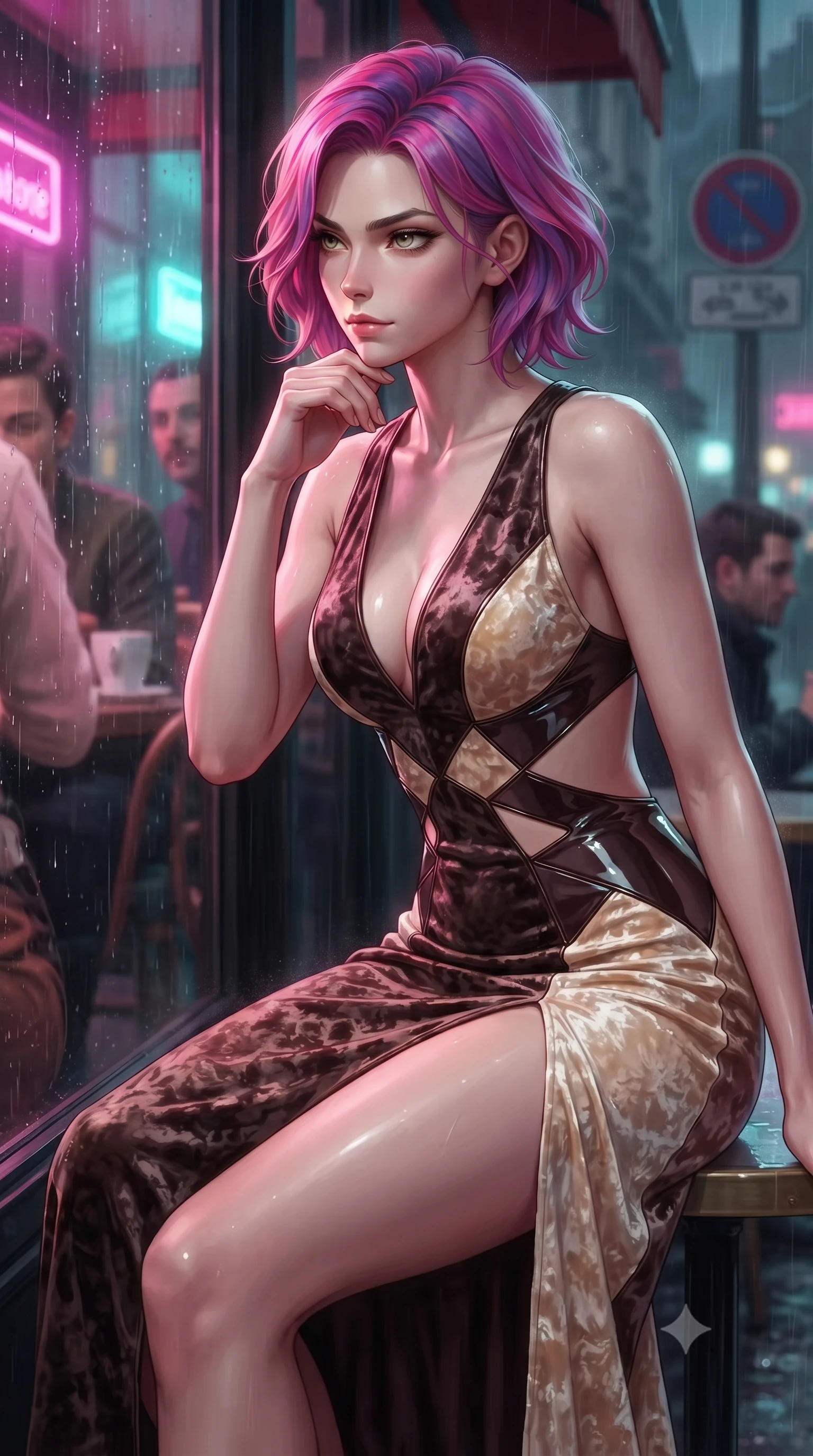 score_9, masterpiece, best quality, ultra-detailed, high-budget anime keyframe, editorial fashion photography, tasteful artistic composition, Caucasian woman. close-up cowboy shot from the waist and thighs up, the character dominates the composition, filling the frame with her large presence, background elements kept in soft focus. Resting her chin on the backs of her fingers, casting a sharp, mysterious gaze sitting by the wet glass window of a trendy European café during a gentle rainfall, soft mist scattering vibrant magenta and cyan neon rim light around her form. She has an exceptionally elegant, slender, and willowy female figure with an ultra-slim waist, a gracefully sculpted slender torso, and a refined silhouette. sharp v-shaped jawline, high-bridge nose, intricate jewel-like eyes with depth, thick eyelashes, glossy lips with a natural sheen. wearing a backless crushed velvet gown with a deep V-neckline and high thigh slit in espresso brown and warm cream, tailored from high-gloss patent leather, featuring subtle geometric cutouts that highlight her ultra-slim midriff, the sleek second-skin texture accentuating her magnetic presence. drenched in wet neon reflections with brilliant specular highlights on her silhouette. highly saturated vibrant anime colors, detailed shading with soft gradients, rich glossy textures, high-contrast stereoscopic depth, volumetric dynamic lighting, master piece, 9:16 ratio