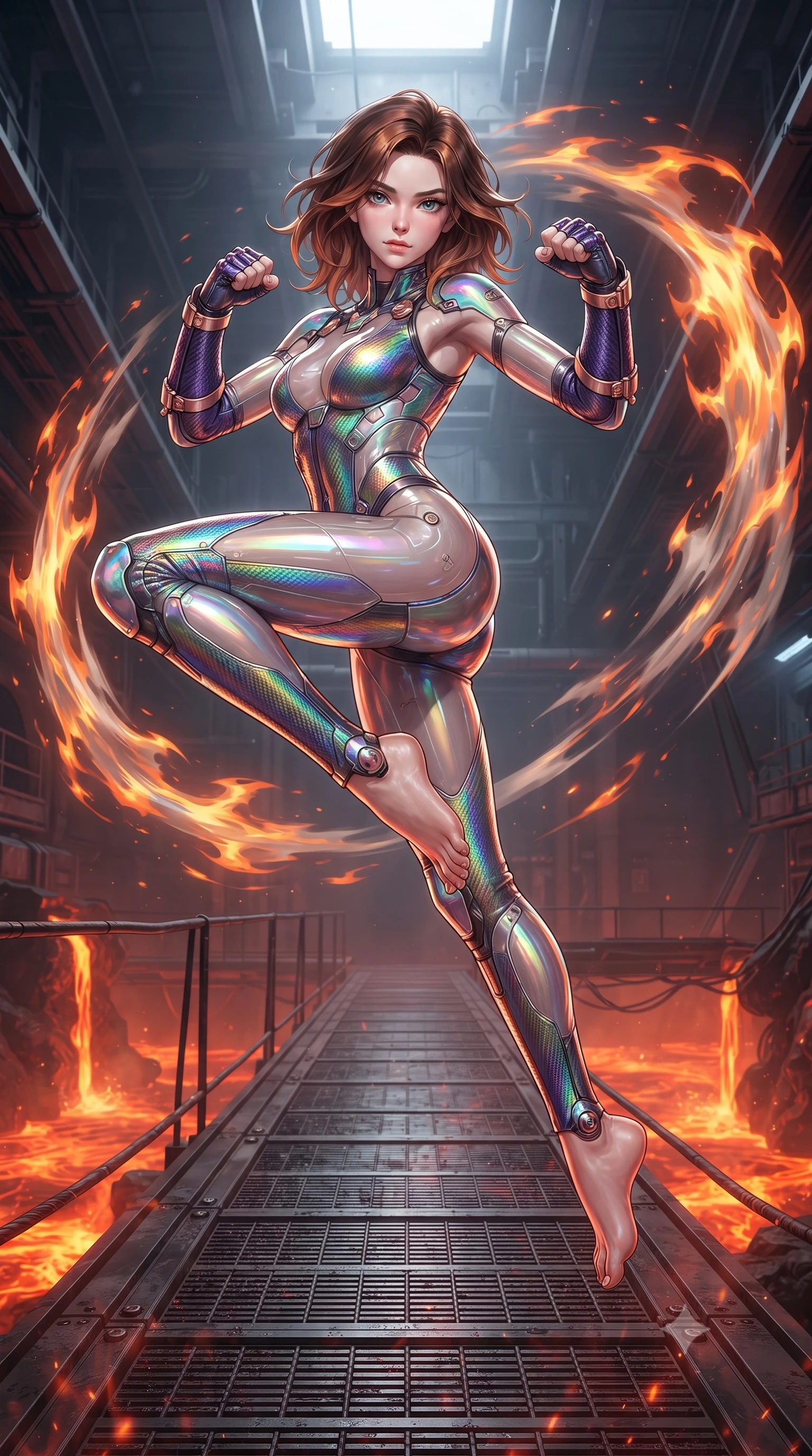 score_9, masterpiece, best quality, ultra-detailed, high-budget anime keyframe, editorial fashion photography, tasteful artistic composition, Korean woman. low angle full-body shot from head to toe showing her feet, filling the entire 9:16 vertical frame with her statuesque presence, stretching her vertical silhouette. leaping into mid-air with an athletic yet alluring arch of her spine, driving a downward kinetic strike surrounded by a ring of displaced air while executing a high-speed rotational low sweep kick along a steel catwalk suspended above rivers of glowing geothermal magma. The surrounding environment is rendered in vivid detail and crisp panoramic clarity. intense geothermal chiaroscuro and raw high-tech industrial architecture rendered with precision. She has an absolutely perfect, statuesque 8.5-heads proportion, an exceptionally tall and slender model-like female figure with impossibly long slender legs, a toned flat midriff, and an ultra-slim waist. sharp v-shaped jawline, high-bridge nose, intricate jewel-like eyes with depth, thick eyelashes, glossy lips with a natural sheen, flawlessly proportioned anatomical accuracy, strict slender model proportions, natural body alignment, perfectly sculpted long slender limbs, ultra-slim waistline, clean dynamic posture without body distortion. wearing a high-gloss iridescent rainbow carbon-weave bodysuit with translucent cybernetic panels and Damascus-steel forearm bracers in royal purple carbon fiber with rose-gold hardware and clasps, made of liquid carbon-jersey fabric adhering flawlessly to her sculpted silhouette, detailed with magnetic knuckle shock-absorbers and polished chrome articulation joints, the sleek second-skin cut tightly hugging her graceful clavicle, narrow waist, and feminine curves with athletic precision. surrounded by an elemental, fierce, and irresistibly powerful cyber-valkyrie of flame aura. ultra-reflective glossy finish, specular highlights, dark metallic sheen, high-contrast stereoscopic depth, volumetric dynamic lighting, 2k, ultra detail, master piece, 9:16 ratio