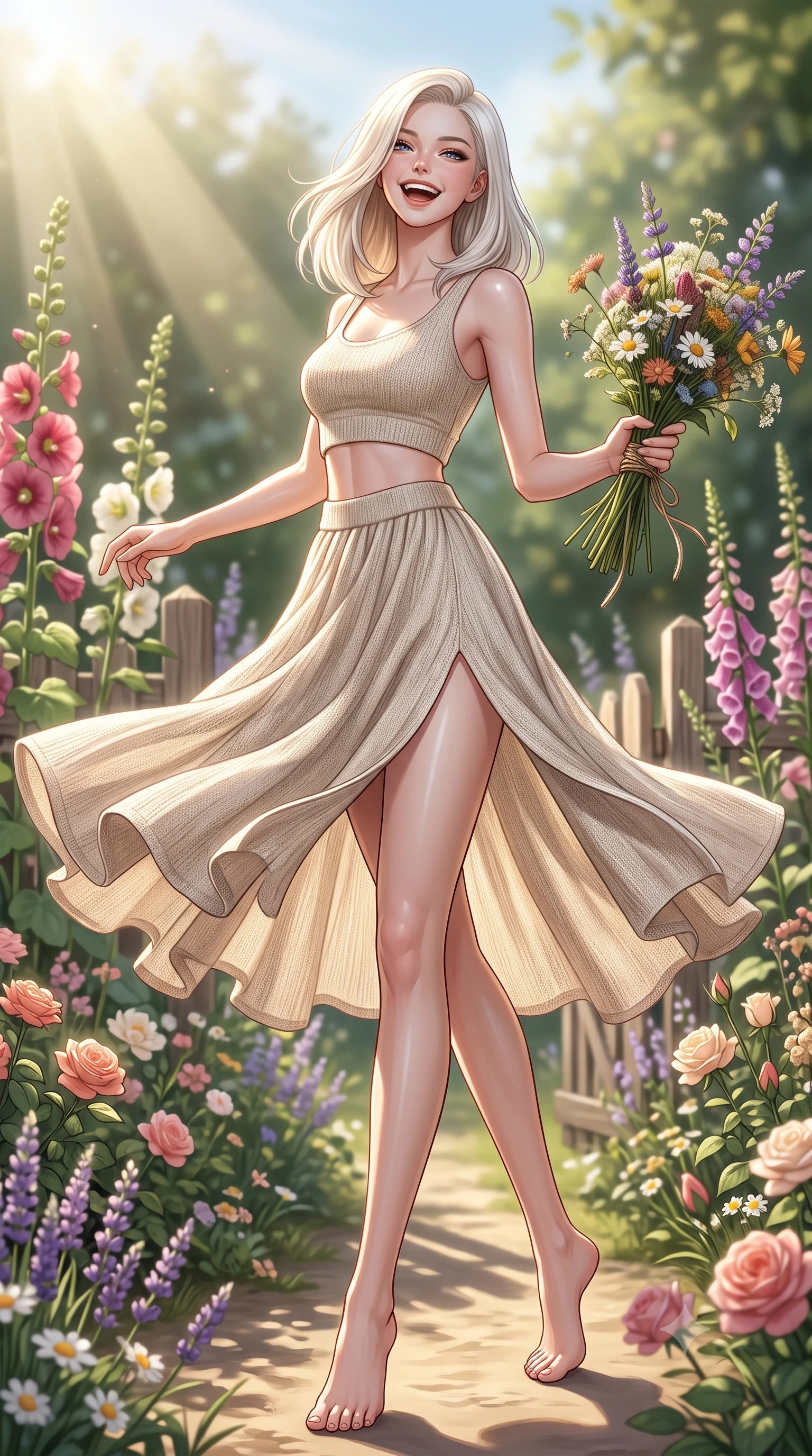score_9, masterpiece, best quality, ultra-detailed, high-budget anime keyframe, editorial fashion photography, tasteful artistic composition, Caucasian woman. low angle full-body shot from head to toe showing her feet, filling the entire 9:16 vertical frame with her statuesque presence, stretching her vertical silhouette. twirling around with a playful, cute laugh, her skirt billowing beautifully in the air set against a soft-focus background of in a lovely cottage garden filled with mixed cottage flowers and wooden fences holding a beautiful wildflower bouquet tied with a simple twine ribbon. She has an absolutely perfect, statuesque 8.5-heads proportion, an exceptionally tall and slender model-like female figure with impossibly long slender legs and an ultra-slim waist. sharp v-shaped jawline, high-bridge nose, intricate jewel-like eyes with depth, thick eyelashes, glossy lips with a natural sheen. wearing form-contouring crop top in oatmeal knit paired with a flowy midi skirt featuring a high side slit. bright midday sun rays highlighting the vibrant colors of the flowers. ultra-reflective glossy finish, specular highlights, metallic sheen, high-contrast stereoscopic depth, volumetric dynamic lighting, 2k, ultra detail, master piece, 9:16 ratio