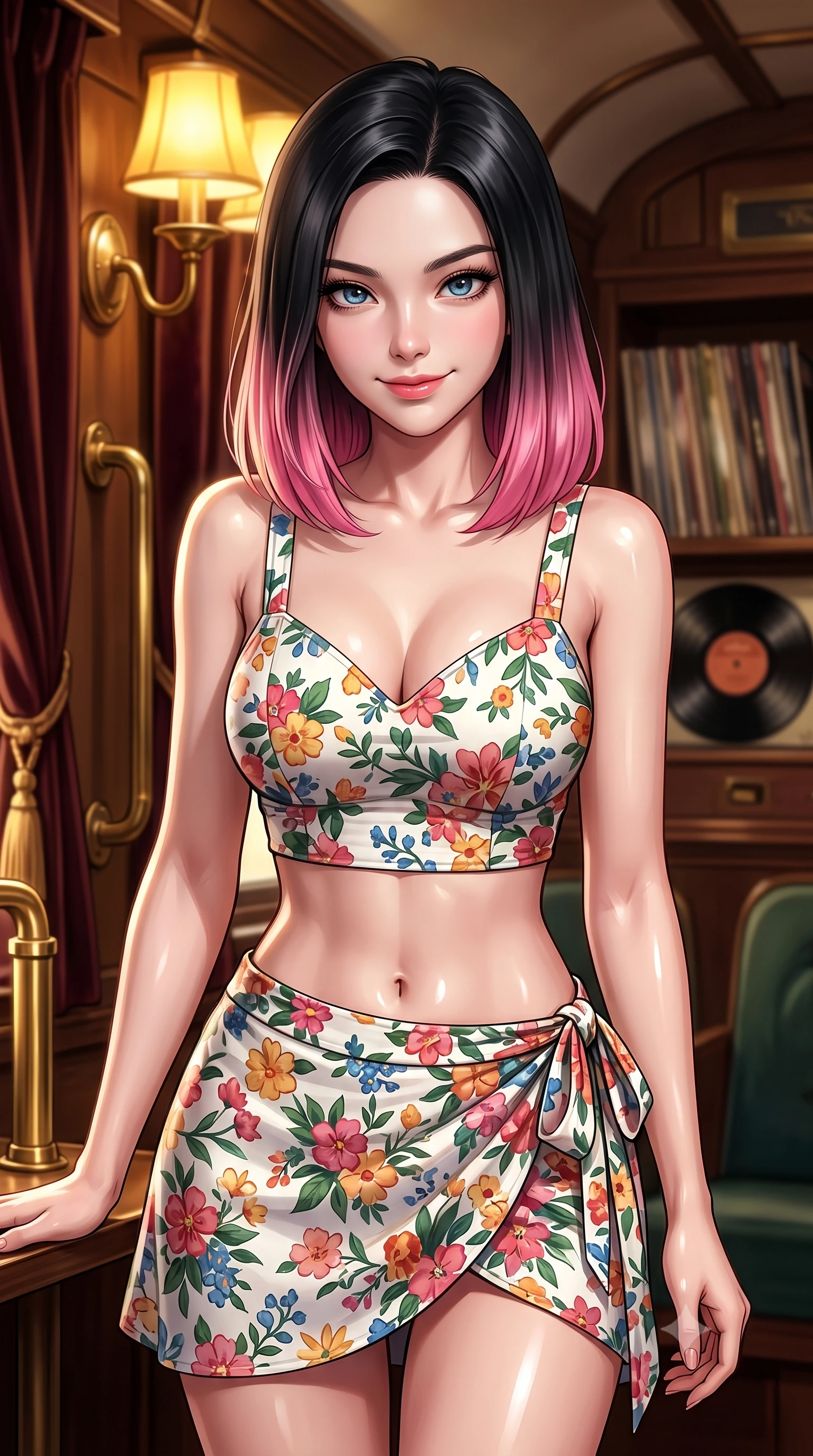 score_9, masterpiece, best quality, ultra-detailed, high-budget anime keyframe, editorial fashion photography, tasteful artistic composition, Korean woman. close-up cowboy shot from the waist and thighs up, the character dominates the composition, filling the frame with her large presence, background elements kept in soft focus. leaning slightly forward with a playful, teasing smile, her gaze locked onto the viewer the background shows a soft-focus a retro-style train lounge with brass fixtures, velvet curtains, and vintage records. She has an exceptionally elegant, slender, and willowy female figure with an ultra-slim waist, a gracefully sculpted slender torso, and a refined silhouette. sharp v-shaped jawline, high-bridge nose, intricate jewel-like eyes with depth, thick eyelashes, glossy lips with a natural sheen. wearing a slim-fit summer vacation crop top and wrap skirt set in floral print cotton, showing her slim waist. warm yellow lamplight casting cozy, soft shadows on the wood panels. ultra-reflective glossy finish, specular highlights, metallic sheen, high-contrast stereoscopic depth, volumetric dynamic lighting, 2k, ultra detail, master piece, 9:16 ratio