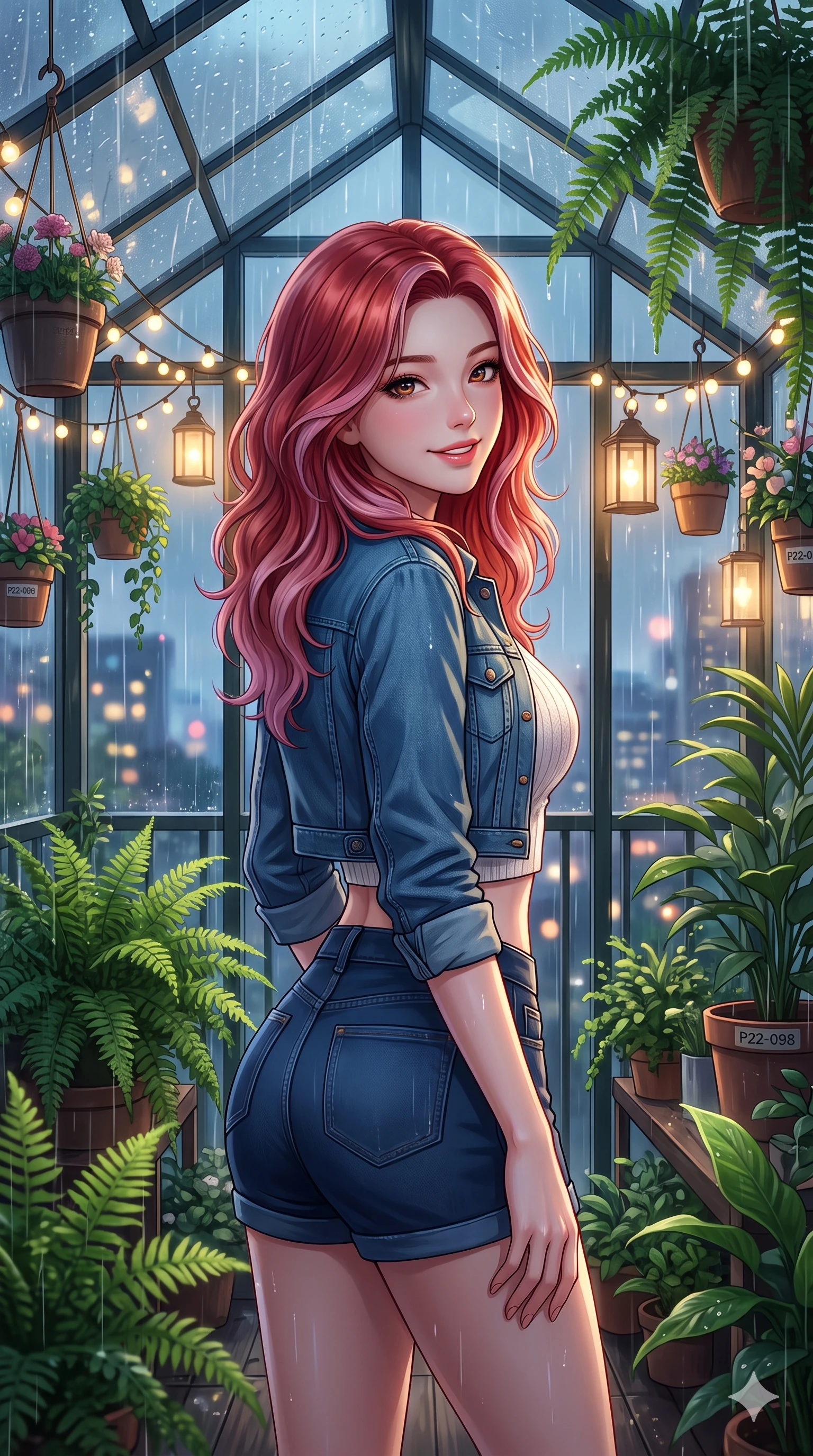 score_9, masterpiece, best quality, ultra-detailed, high-budget anime keyframe, vibrant anime aesthetic, Caucasian woman, strictly human ears. close-up cowboy shot from the waist and thighs up, the character dominates the composition, filling the frame with her large presence, background elements kept in soft focus. She is posing near glass greenhouse panels, smiling delightfully over her shoulder, gazing softly at the camera lens standing amidst vibrant green ferns. on a glass-roofed balcony decorated with hanging flower pots and warm fairy lights, under a steady rainfall (Code-P22-098). She has an absolutely perfect proportion, an exceptionally elegant and slender female figure with an ultra-slim waist. V-shaped jawline, high-bridge nose, intricate jewel-like eyes with depth, thick eyelashes, glossy lips with a natural sheen. wearing a cropped denim jacket over a fitted crop top and short-shorts in midnight blue. She is bathed in soft twilight glow mixed with warm lantern lights, highlighting her V-shaped jawline inside the glass pavilion. 2k, ultra detail, master piece, 9:16 ratio