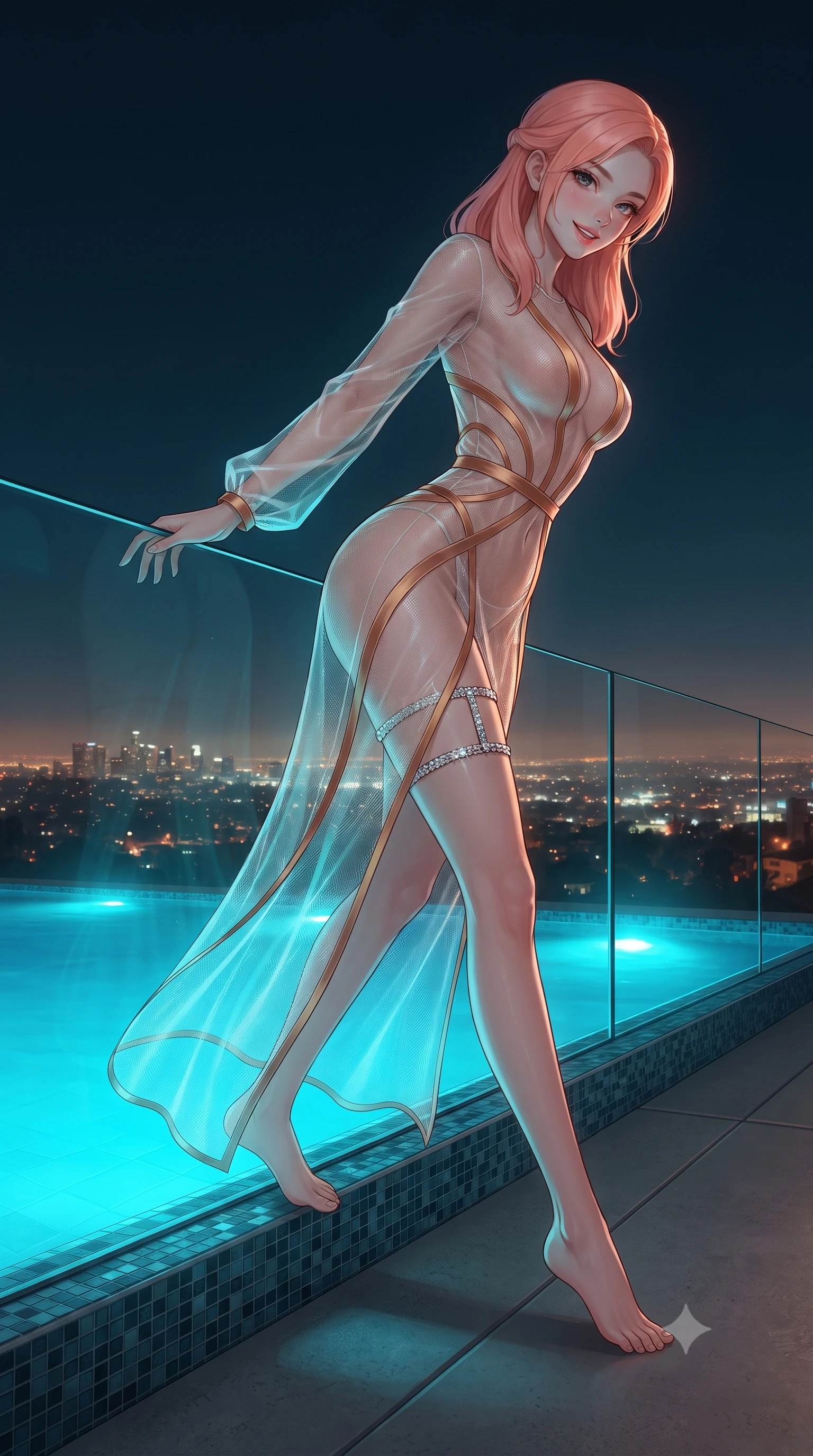 score_9, masterpiece, best quality, ultra-detailed, high-budget anime keyframe, editorial fashion photography, tasteful artistic composition, Japanese woman. low angle full-body shot from head to toe showing her feet, filling the entire 9:16 vertical frame with her statuesque presence, stretching her vertical silhouette. stepping forward in a confident stride, her long slender legs and curvaceous hips creating a dynamic, sweeping vertical line while leaning over the glass edge with hips cocked back, looking down at the illuminated Sunset Strip with an intoxicating bedroom-gaze. The surrounding environment is rendered in vivid detail and crisp panoramic clarity: sharp glass infinity coping edge, mosaic glass waterline tiles, and smooth poured-concrete deck in deep focus. She has an exceptionally tall and slender model-like 8.5-heads proportion, an ultra-slim waist, a flat toned midriff, narrow delicate ribcage, and beautifully sculpted feminine hips creating a graceful, slim hourglass silhouette without any bulky heaviness, with impossibly long slender legs. sharp v-shaped jawline, high-bridge nose, intricate jewel-like sparkling eyes with depth, thick eyelashes, glossy parted lips with a natural peach sheen, bright cheerful beaming smile with an enchanting and coquettish sensual glint, exuding both youthful cute charm and seductive allure, flawlessly proportioned anatomical accuracy, strict slender model proportions, natural body alignment, perfectly sculpted long slender limbs, ultra-slim waistline, clean dynamic posture without body distortion. wearing a provocative sheer illusion mesh gown with liquid gold ribbons contouring her flat midriff and curvaceous hips in warm cinnamon silk and burnished gold, crafted from translucent silk organza with an ethereal crystalline sheen, finished with delicate crystal-encrusted thigh garter straps glinting in the dim light, the liquid-tight tailored fabric clinging flawlessly to her narrow waist and rounded feminine hips, emphasizing every millimeter of her sculpted slim hourglass curves without any bulky heaviness. bathed in electric cyan underwater pool lights contrasted with warm city horizon ambient. ultra-reflective glossy finish, specular highlights, rich textural contrasts, high-contrast stereoscopic depth, volumetric dynamic lighting, 2k, ultra detail, master piece, 9:16 ratio