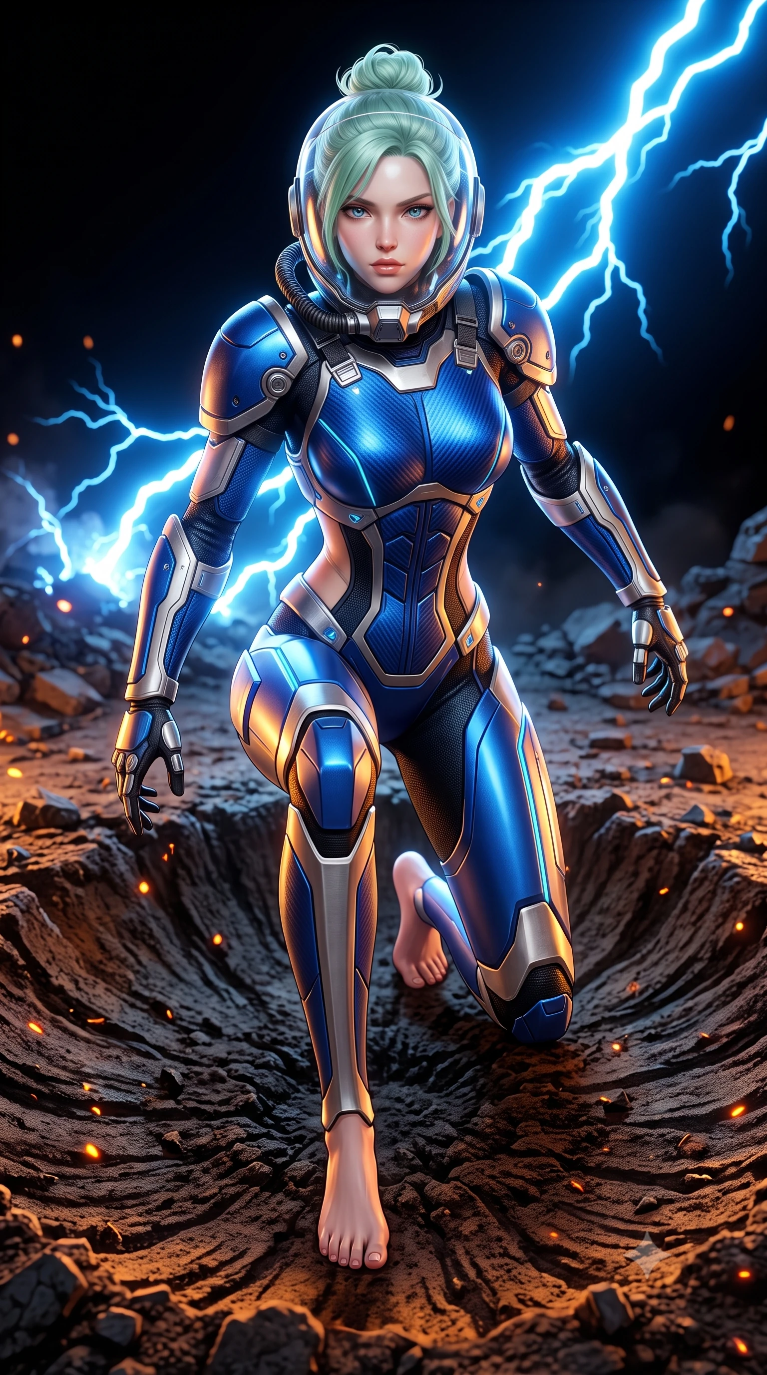 score_9, masterpiece, best quality, ultra-detailed, high-budget anime keyframe, semi-realistic 3D game render, editorial fashion photography, tasteful artistic composition, Japanese woman. low angle full-body shot from head to toe showing her feet, filling the entire 9:16 vertical frame with her statuesque presence, stretching her vertical silhouette. landing gracefully from a high-altitude leap on one knee and palm, her statuesque silhouette framed by radial shockwave ripples in the ground while stepping forward through the blackened crater with rebreather unlatched on one side, revealing her glossy lips and sharp jawline. The surrounding environment is rendered in vivid detail and crisp panoramic clarity. transcendent chiaroscuro contrast between blinding electrical arc flashes and pitch-black nocturnal shadows in precision. She has an absolutely perfect, statuesque 8.5-heads proportion, an exceptionally tall and slender model-like female figure with impossibly long slender legs, a toned flat midriff, and an ultra-slim waist. sharp v-shaped jawline, high-bridge nose, intricate jewel-like eyes with depth, thick eyelashes, glossy lips with a natural sheen, fierce and resolute heroine expression, flawlessly proportioned anatomical accuracy, strict slender model proportions, natural body alignment, perfectly sculpted long slender limbs, ultra-slim waistline, clean dynamic posture without body distortion. wearing a crystal-clear transparent armored riot-visor helmet showing her entire beautiful face and determined expression with pristine clarity, paired with a statuesque high-fashion cyber-warrior armor suit with platinum bevels, heavy articulated shoulder guards, and an ultra-slim waist-cinching corset in electric cobalt blue carbon with brushed platinum tactical trim, crafted from ultra-strong woven carbon-fiber composite with battle-tested satin luster, complemented by criss-cross back harness straps highlighting her completely bare spine, the precision-cut daring openings accentuating her delicate midriff, graceful bare collarbones, and ultra-slim feminine waistline. bathed in blinding blue EMP lightning flash backlighting and warm amber crater ember glow. rich saturated anime colors with glowing neon highlights, detailed shading with soft gradients, rich glossy textures, high-contrast stereoscopic depth, volumetric dynamic lighting, master piece, 9:16 ratio