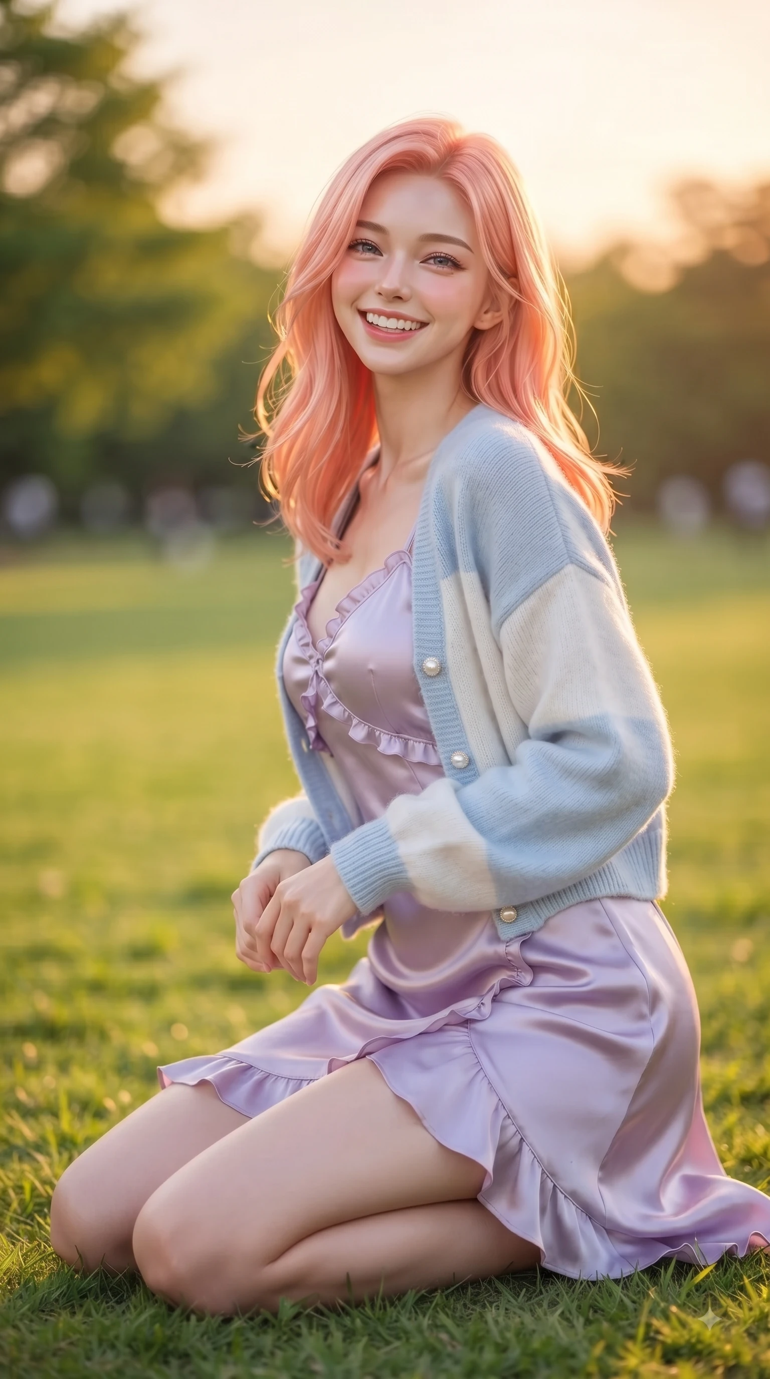 score_9, masterpiece, best quality, ultra-detailed, high-budget anime keyframe, editorial fashion photography, tasteful artistic composition, Japanese woman. close-up cowboy shot from the waist and thighs up, the character dominates the composition, filling the frame with her large presence. Youthful bright smile exuding pure cute charm and fresh energy, her torso turning dynamically into the lens while resting on her knees on the lush grass with a joyful, beaming expression as warm sunset light warms her face. The composition keeps background elements in soft focus with dreamy bokeh. green park lawns and soft sunset sky gradients blurred smoothly behind her radiant figure. She has an exceptionally elegant, slender, and willowy female figure with an ultra-slim waist, a gracefully sculpted slender torso, and a refined silhouette. sharp v-shaped jawline, high-bridge nose, intricate jewel-like eyes with depth, thick eyelashes, glossy lips with a natural sheen, flawlessly proportioned anatomical accuracy, natural body alignment, perfectly sculpted elegant limbs, clean dynamic posture without body distortion. wearing a graceful lavender satin slip dress layered under a loose soft white knit cardigan in baby blue and cloud white, crafted from smooth fluid silk satin, finished with subtle ruffle trims and delicate pearl buttons, the relaxed yet flattering fit accentuating her naturally graceful and slender figure. surrounded by a serene, uplifting, and romantic park ambiance. ultra-reflective glossy finish, specular highlights, metallic sheen, high-contrast stereoscopic depth, volumetric dynamic lighting, 2k, ultra detail, master piece, 9:16 ratio