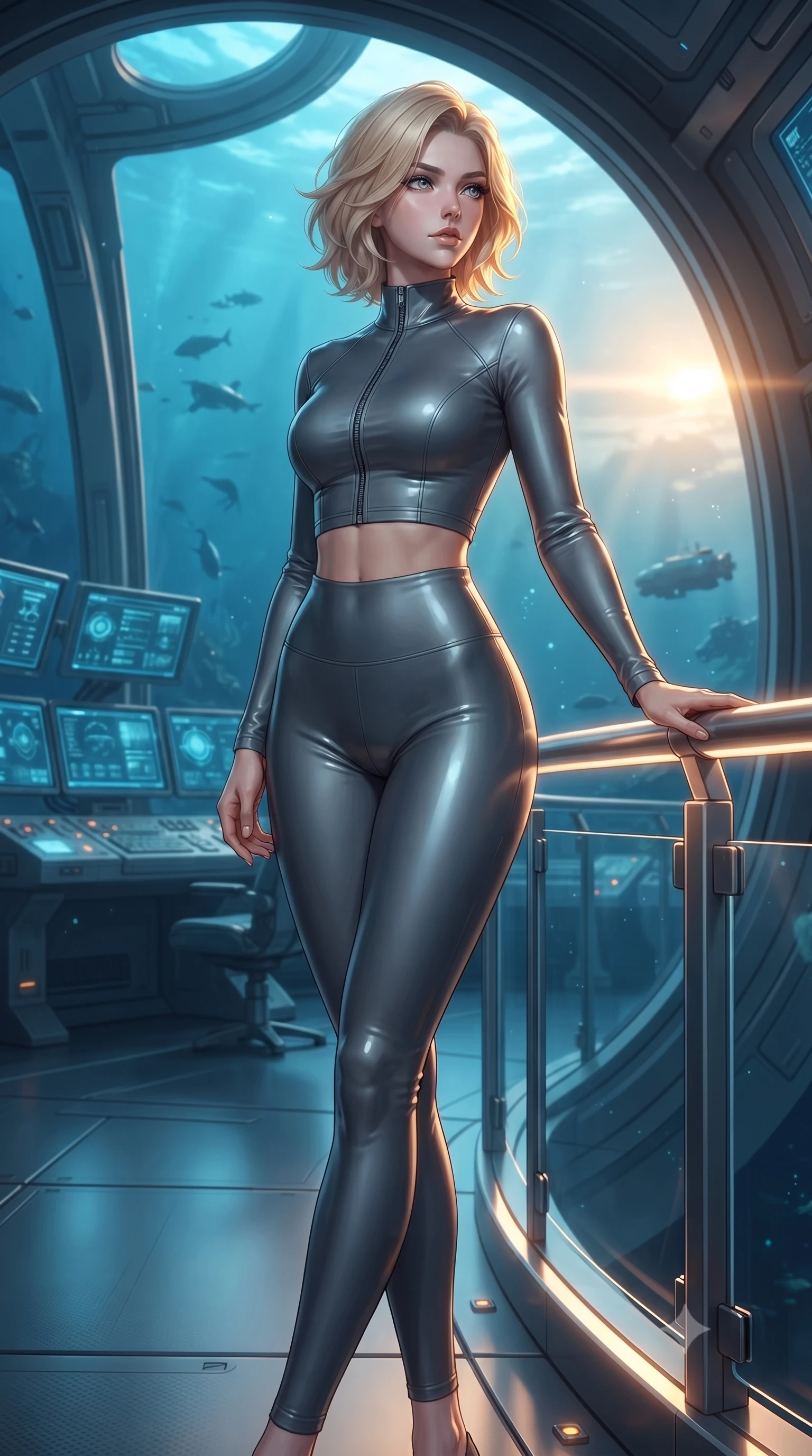 score_9, masterpiece, best quality, ultra-detailed, high-budget anime keyframe, editorial fashion photography, tasteful artistic composition, Caucasian woman. low angle full-body shot from head to toe showing her feet, filling the entire 9:16 vertical frame with her statuesque presence, stretching her vertical silhouette. standing in a tall, confident posture with one hand on a glowing metal railing, stretching her statuesque body, the background shows a soft-focus an undersea research deck with titanium rails and control consoles. She has an absolutely perfect, statuesque 8.5-heads proportion, an exceptionally tall and slender model-like female figure with impossibly long slender legs and an ultra-slim waist. sharp v-shaped jawline, high-bridge nose, intricate jewel-like eyes with depth, thick eyelashes, glossy lips with a natural sheen. wearing a tailored body-hugging high-neck activewear set of a zipped long-sleeve crop top and matching leggings in carbon-grey. brilliant golden hour sunset tracing a gold rim light on her silhouette. ultra-reflective glossy finish, specular highlights, metallic sheen, high-contrast stereoscopic depth, volumetric dynamic lighting, 2k, ultra detail, master piece, 9:16 ratio