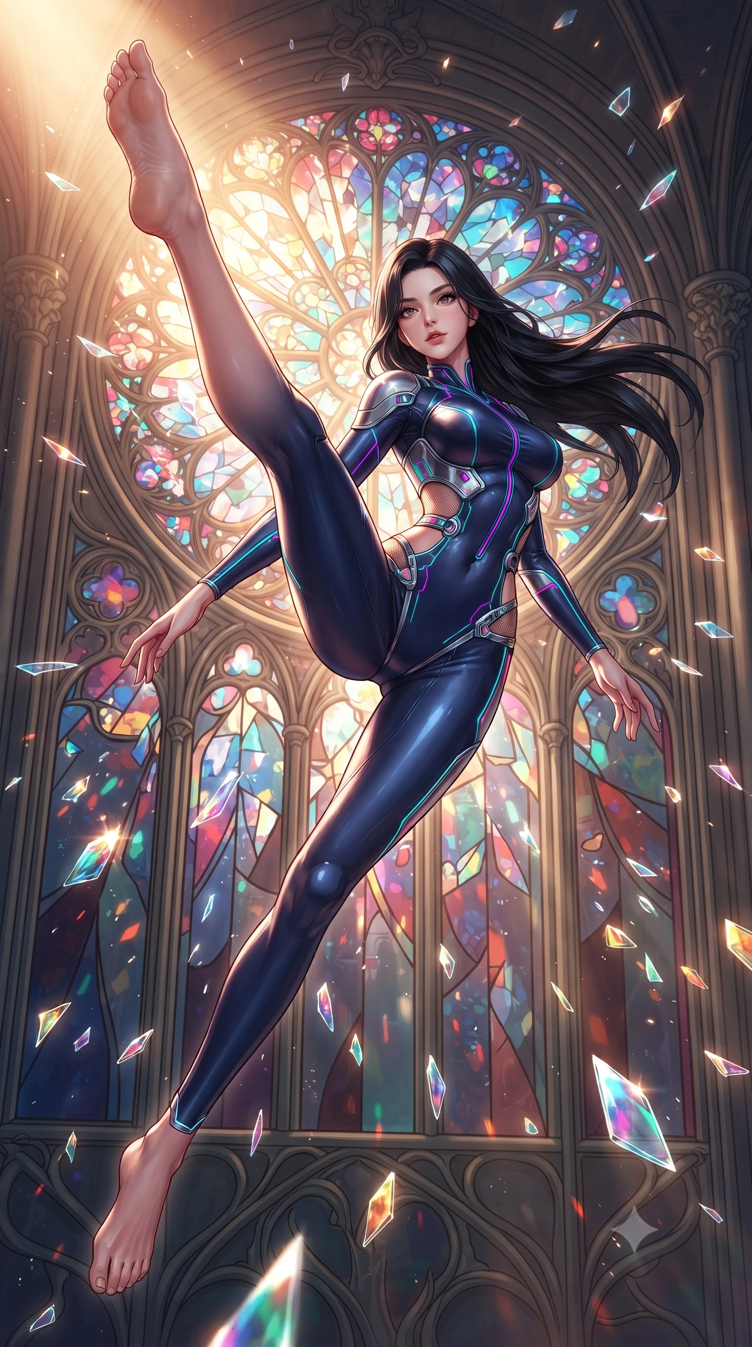 score_9, masterpiece, best quality, ultra-detailed, high-budget anime keyframe, editorial fashion photography, tasteful artistic composition, Korean woman. low angle full-body shot from head to toe showing her feet, filling the entire 9:16 vertical frame with her statuesque presence, stretching her vertical silhouette. leaping gracefully through the environment with statuesque elegance and long slender legs standing before a monumental Art Nouveau stained glass rose window, shattered glass shards catching bright specular highlights in mid-air. She has an absolutely perfect, statuesque 8.5-heads proportion, an exceptionally tall and slender model-like female figure with impossibly long slender legs and an ultra-slim waist. sharp v-shaped jawline, high-bridge nose, intricate jewel-like eyes with depth, thick eyelashes, glossy lips with a natural sheen. wearing a skin-tight cybernetic bodysuit with glowing neon seams and side cutouts in midnight navy blue and chrome trim, crafted from lustrous satin jersey with fluid draping, accented with delicate chrome ring hardware framing her waist, the tailored fabric tightly following every curve of her athletic build. surrounded by a glowing divine aura of sunbeams and incense radiance. highly saturated vibrant anime colors, detailed shading with soft gradients, rich glossy textures, high-contrast stereoscopic depth, volumetric dynamic lighting, master piece, 9:16 ratio