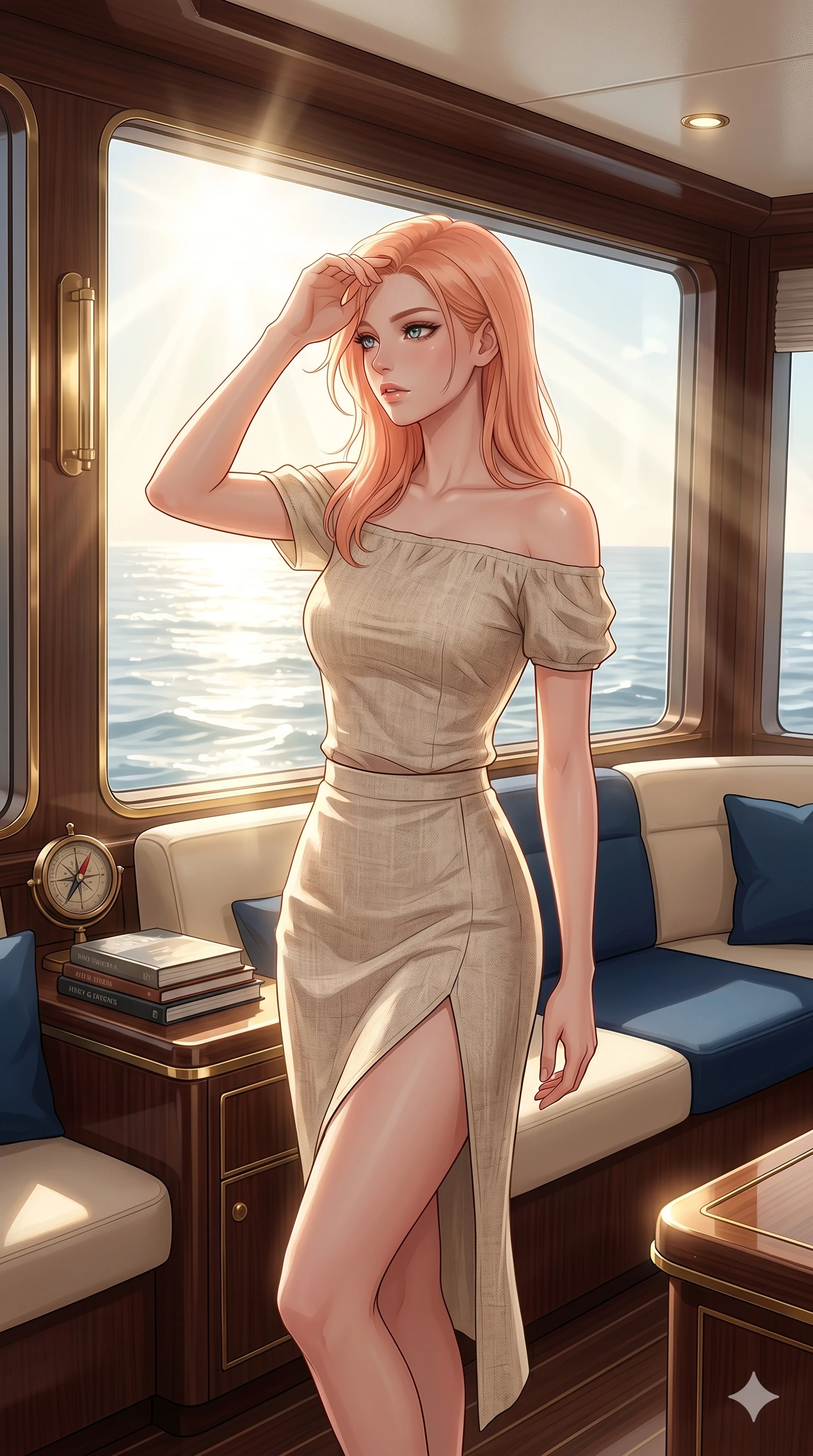 score_9, masterpiece, best quality, ultra-detailed, high-budget anime keyframe, editorial fashion photography, tasteful artistic composition, Japanese woman. cowboy shot from the thighs up, character and outfit filling the frame for maximum editorial presence. wiping a lock of hair from her forehead, her expression cool and contemplative as she turns her head inside a private yacht cabin lounge with a large window showing the sunbeams reflecting off the ocean (Code-P039). She has an absolutely perfect 8-heads proportion, an exceptionally tall and slender female figure with impossibly long slender legs and an ultra-slim waist. V-shaped jawline, high-bridge nose, intricate jewel-like eyes with depth, thick eyelashes, glossy lips with a natural sheen. wearing a beige off-shoulder top showing her elegant clavicle lines, and a split linen skirt. bathed in soft morning sunbeams flowing into the room, creating a bright, glowing atmosphere. 2k, ultra detail, master piece, 9:16 ratio