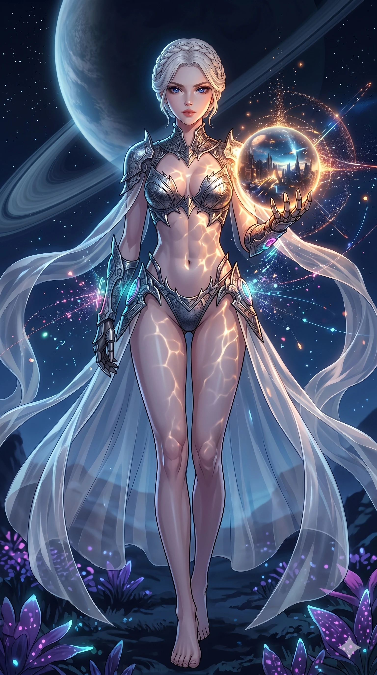 score_9, masterpiece, best quality, ultra-detailed, High-budget Anime Keyframe, vibrant colors, fluid line-art, expressive lighting, cinematic composition, Ufotable-style visual effects, top-tier animation quality, Korean woman with idol-like refined features. Cinematic low angle perspective showcasing her towering height and perfect 8-heads proportion. Holding a glowing ancient orb that reveals a flickering vision of the future, its light illuminating her determined face. She has an absolutely perfect 8-heads proportion, an exceptionally tall and slender female figure with impossibly long slender legs and an ultra-slim waist, her statuesque height and towering silhouette dominating the vertical 9:16 frame. Her face is a masterpiece featuring a sharp v-shaped jawline, high-bridge nose, intricate jewel-like eyes with depth, thick eyelashes, and glossy lips with a natural sheen. She is wearing a Metallic armor-bikini with sharp, aggressive edges and integrated energy-shield generators crafted from Sheer silk that is almost transparent, flowing like water around her statuesque frame, with integrated neon-lit tactical gear and suggestive cutouts on the thighs. The scene is set in a mysterious alien planet with bioluminescent purple flora and a giant ringed planet in the sky, illuminated by underwater caustic lighting with ripples of light dancing across her body. 2k, ultra detail, master piece, 9:16 ratio