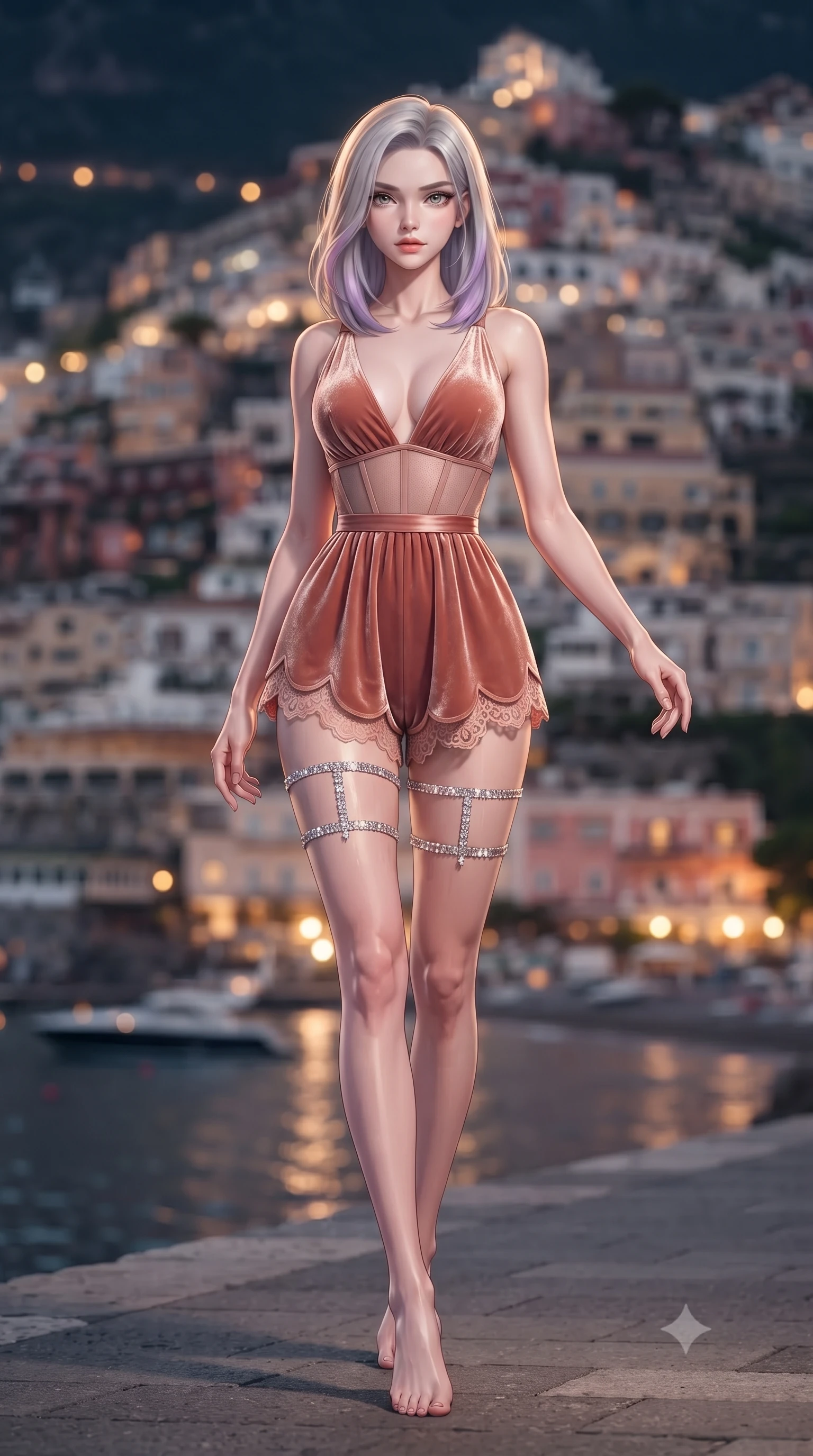 score_9, masterpiece, best quality, ultra-detailed, high-budget anime keyframe, editorial fashion photography, tasteful artistic composition, Caucasian woman. low angle full-body shot from head to toe showing her feet, filling the entire 9:16 vertical frame with her statuesque presence, stretching her vertical silhouette. stepping slowly toward the camera with hypnotic grace, hips swaying in an alluring sensual rhythm that accentuates her curvy hourglass silhouette and long slender legs while twisting her slender torso in an alluring contrapposto stance, warm Tyrrhenian night breezes fluttering her dress around her long slender legs and curvy hips. The background shows a soft-focus cascading pastel houses of Positano stacked on vertical cliffs, glittering yacht lights on dark Mediterranean waters, and starry sky blurred into peach, terracotta, and sapphire bokeh. She has an absolutely perfect, statuesque 8.5-heads proportion, an exceptionally tall and slender model-like female figure with impossibly long slender legs, an ultra-slim waist, a flat toned midriff, narrow delicate ribcage, and beautifully sculpted feminine hips creating a graceful, slim hourglass silhouette without any bulky heaviness. sharp v-shaped jawline, high-bridge nose, sparkling eyes with hypnotic seductive depth, thick curled eyelashes, glossy parted lips with a natural dewy peach sheen, alluring bedroom-eyes with an enchanting coquettish smile, exuding magnetic siren charisma and sophisticated glamour, flawlessly proportioned anatomical accuracy, strict slender model proportions, natural body alignment, perfectly sculpted long slender limbs, ultra-slim waistline, clean dynamic posture without body distortion. wearing a plunge-neck stretch velvet romper with scalloped eyelash-lace hems and a cinched waist ribbon in Positano terracotta and blush peach, made of semi-opaque stretch illusion mesh with soft shadowy contours, finished with delicate crystal-encrusted thigh garter straps glinting in the dim light, the precision-cut side openings and low-back scoop framing her graceful spine and the sensual sweep of her slim, toned hips. bathed in warm golden ambient glow spilling from cliffside villas mixed with cool silver Mediterranean moonlight. ultra-reflective glossy finish, specular highlights, rich textural contrasts, high-contrast stereoscopic depth, volumetric dynamic lighting, 2k, ultra detail, master piece, 9:16 ratio