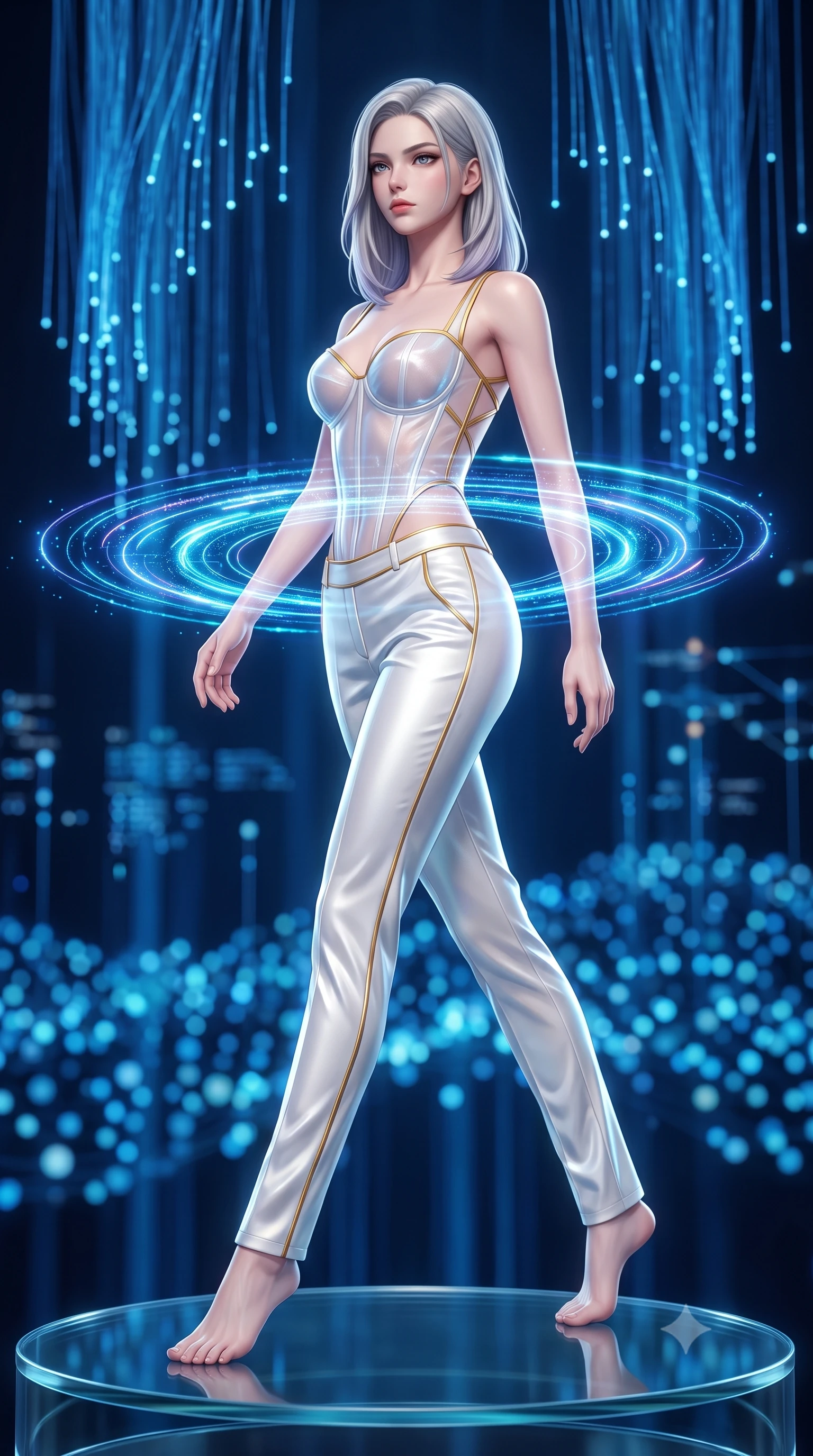 score_9, masterpiece, best quality, ultra-detailed, high-budget anime keyframe, semi-realistic 3D game render, editorial fashion photography, tasteful artistic composition, Caucasian woman. low angle full-body shot from head to toe showing her feet, filling the entire 9:16 vertical frame with her statuesque presence, stretching her vertical silhouette. striding forward with commanding supermodel grace, her 8.5-heads statuesque silhouette dominating the vertical frame from head to toe while pivoting dynamically on a circular glass platform as pulsing quantum data streams create swirling holographic rings around her waist. The composition keeps background elements in soft focus with creamy bokeh. cascading blue fiber-optic waterfalls and pulsing quantum data rings blurred into radiant sapphire and cyan bokeh. She has an absolutely perfect, statuesque 8.5-heads proportion, an exceptionally tall and slender model-like female figure with impossibly long slender legs, a toned flat midriff, and an ultra-slim waist. sharp v-shaped jawline, high-bridge nose, intricate jewel-like eyes with depth, thick eyelashes, glossy lips with a natural sheen, flawlessly proportioned anatomical accuracy, strict slender model proportions, natural body alignment, perfectly sculpted long slender limbs, ultra-slim waistline, clean dynamic posture without body distortion. wearing a structured translucent cyber-corset paired with tailored high-fashion satin trousers that sharply cinch her ultra-slim waist in pristine liquid pearl white and radiant solar gold trim, crafted from delicate iridescent organza interwoven with luminescent micro-fibers, complemented by criss-cross back straps highlighting her completely bare spine, the form-contouring material adhering flawlessly to her sculpted flat midriff and slender torso, emphasizing her long leg lines and perfectly proportioned willowy build. illuminated by sharp specular highlights tracing her ultra-slim waist, long legs, and sculpted collarbones. rich saturated anime colors with glowing neon highlights, detailed shading with soft gradients, rich glossy textures, high-contrast stereoscopic depth, volumetric dynamic lighting, master piece, 9:16 ratio