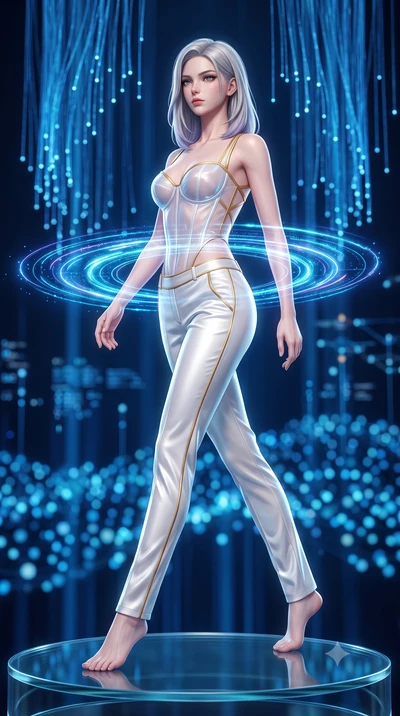score_9, masterpiece, best quality, ultra-detailed, high-budget anime keyframe, semi-realistic 3D game render, editorial fashion photography, tasteful artistic composition, Caucasian woman. low angle full-body shot from head to toe showing her feet, 