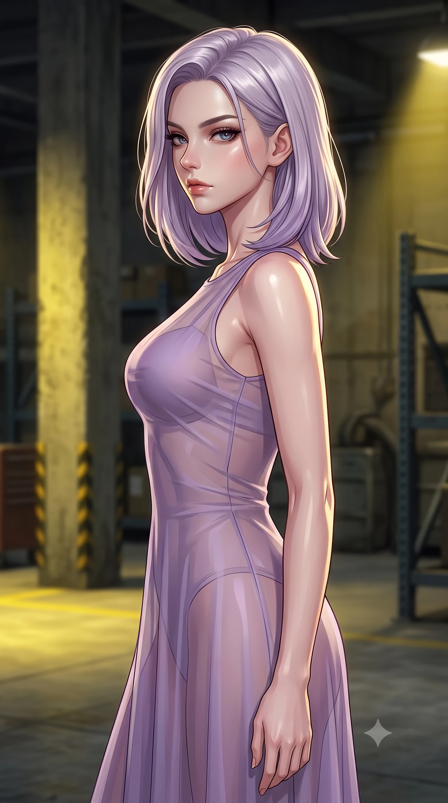 score_9, masterpiece, best quality, ultra-detailed, high-budget anime keyframe, editorial fashion photography, tasteful artistic composition, Caucasian woman. close-up cowboy shot from the waist and thighs up, the character dominates the composition, filling the frame with her large presence, background elements kept in soft focus. turning her face in sharp profile, casting a cold, mysterious, yet intensely alluring side gaze, the background shows a soft-focus a secret underground bunker garage with heavy concrete columns and steel racks. She has an exceptionally elegant, slender, and willowy female figure with an ultra-slim waist, a gracefully sculpted slender torso, and a refined silhouette. sharp v-shaped jawline, high-bridge nose, intricate jewel-like eyes with depth, thick eyelashes, glossy lips with a natural sheen. wearing a tailored semi-transparent chiffon maxi dress in lavender, showing her silhouette through the sheer fabric. harsh sodium yellow spotlights casting long dramatic industrial shadows. ultra-reflective glossy finish, specular highlights, metallic sheen, high-contrast stereoscopic depth, volumetric dynamic lighting, 2k, ultra detail, master piece, 9:16 ratio