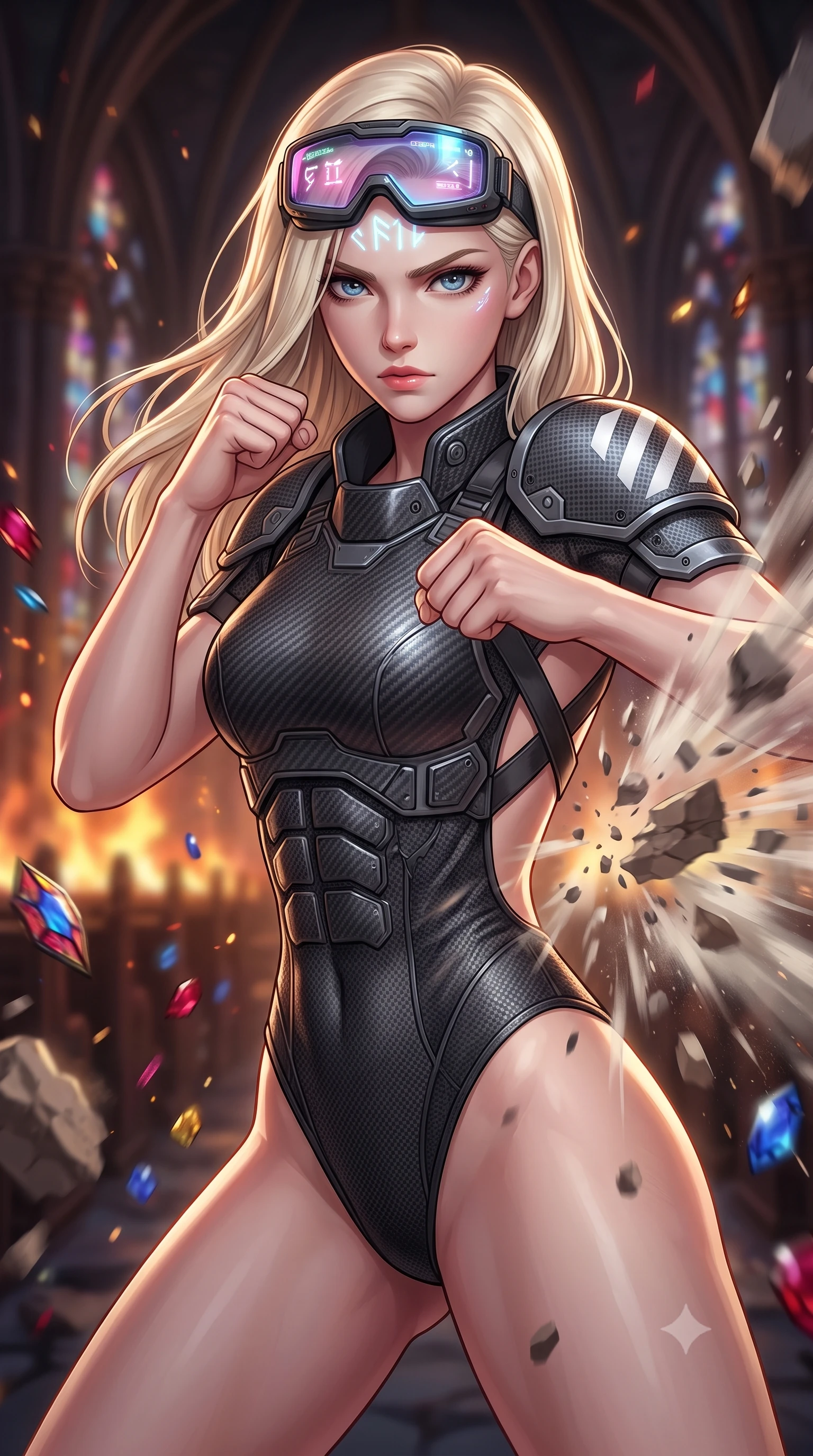 score_9, masterpiece, best quality, ultra-detailed, high-budget anime keyframe, semi-realistic 3D game render, editorial fashion photography, tasteful artistic composition, Caucasian woman. close-up cowboy shot from the waist and thighs up, the character dominates the composition, filling the frame with her large presence. in a razor-sharp Panzer Kunst fighting guard with raised fists, captivating jewel-like eyes locked onto the viewer with fierce, resolute determination while delivering a supersonic kinetic palm strike that shatters falling masonry in a radial blast of air and dust. The composition keeps background elements in soft focus with creamy bokeh. burning cathedral arches and scattered stained-glass jewel fragments blurred into rich ruby, sapphire, and gold bokeh. She has an exceptionally elegant, slender, and willowy female figure with an ultra-slim waist, a gracefully sculpted slender torso, toned flat midriff, and a refined slim silhouette. sharp v-shaped jawline, high-bridge nose, intricate jewel-like eyes with depth, thick eyelashes, glossy lips with a natural sheen, fierce and resolute heroine expression, flawlessly proportioned anatomical accuracy, strict slender model proportions, natural body alignment, perfectly sculpted long slender limbs, ultra-slim waistline, clean dynamic posture without body distortion. wearing high-tech holographic tactical goggles resting tipped up on her forehead, casting glowing neon runes across her brow without obscuring her features, paired with a heavy modular carbon-fiber combat cuirass paired with a second-skin tactical leotard and reinforced titanium shoulder pauldrons in storm-grey carbon mesh with high-contrast white hazard stripes, tailored from flexible second-skin ballistic carbon-mesh adhering flawlessly to her athletic build, complemented by criss-cross back harness straps highlighting her completely bare spine, the form-contouring material adhering flawlessly to her sculpted flat midriff and slender torso, emphasizing her long leg lines and perfectly proportioned willowy build. illuminated by crisp directional key light defining her razor-sharp jawline, eyes, and ultra-slim waist. rich saturated anime colors with glowing neon highlights, detailed shading with soft gradients, rich glossy textures, high-contrast stereoscopic depth, volumetric dynamic lighting, master piece, 9:16 ratio