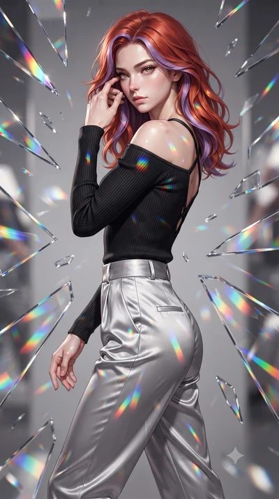 score_9, masterpiece, best quality, ultra-detailed, high-budget anime keyframe, editorial fashion photography, tasteful artistic composition, Caucasian woman. close-up cowboy shot from the waist and thighs up, the character dominates the composition,