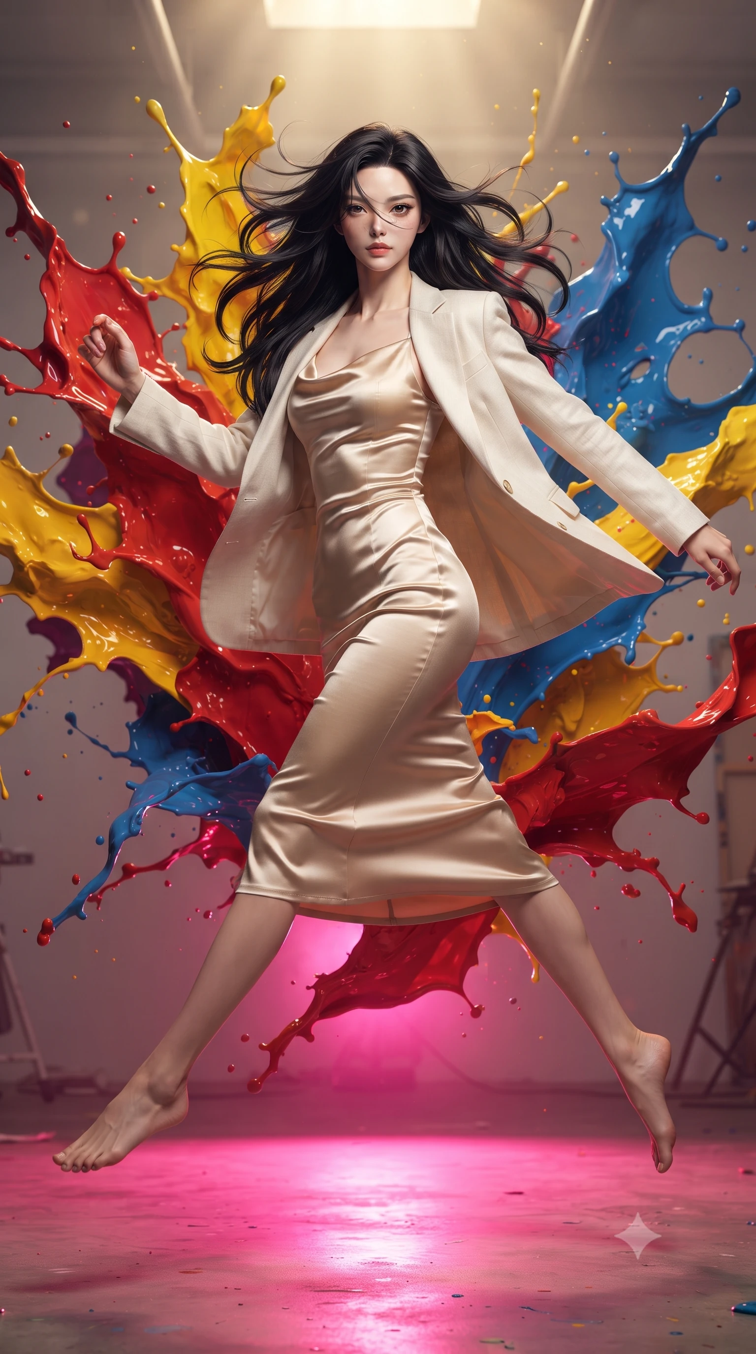 score_9, masterpiece, best quality, ultra-detailed, high-budget anime keyframe, editorial fashion photography, tasteful artistic composition, realistic cosplay photography, Korean woman. low angle full-body shot from head to toe showing her feet, filling the entire 9:16 vertical frame with her statuesque presence, stretching her vertical silhouette. leaping dynamically high in the air while slicing forward with wind-whipped hair through inside a space where giant splashes of thick oil paint in red, yellow, and blue are frozen mid-explosion in the air. She has a statuesque 8.5-heads proportion, an exceptionally tall, slender and willowy model-like build with impossibly long legs and a highly sculpted ultra-slim waist. sharp v-shaped jawline, high-bridge nose, intricate jewel-like eyes with depth, thick eyelashes, glossy lips with a natural sheen. wearing tailored for maximum mobility, sleek form-contouring panels that allow fluid movement, a slim-fit champagne gold cowl-neck satin slip dress that drapes and clings to her slender figure, layered with a cream linen blazer. dramatic contrast of hot pink furnace glow from below and cool golden light from above. ultra-reflective glossy finish, specular highlights, metallic sheen, high-contrast stereoscopic depth, volumetric dynamic lighting, 2k, ultra detail, master piece, 9:16 ratio