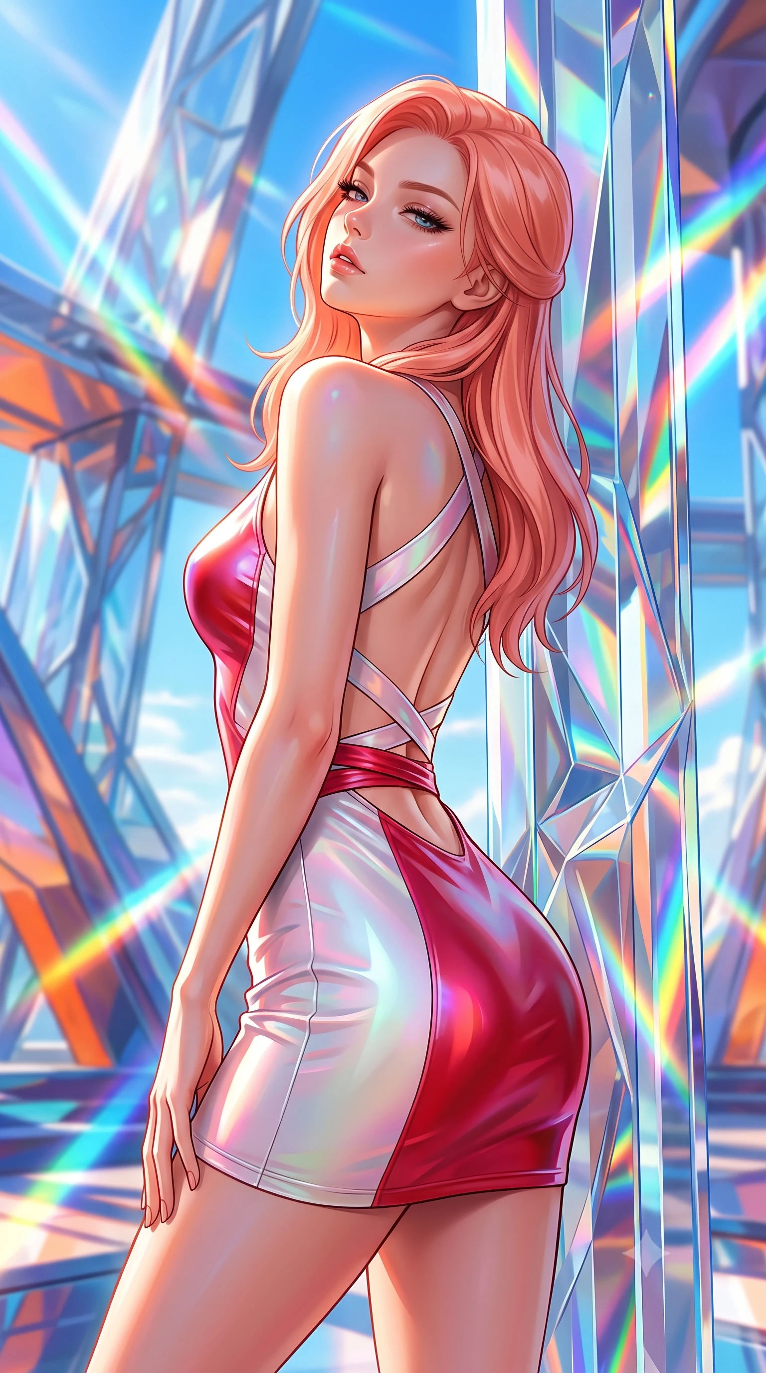 score_9, masterpiece, best quality, ultra-detailed, high-budget anime keyframe, semi-realistic 3D game render, editorial fashion photography, tasteful artistic composition, Japanese woman. close-up cowboy shot from the waist and thighs up, the character dominates the composition, filling the frame with her large presence. tilting her head back with a sensual alluring expression, exposing her throat and shoulders to the camera with heavy lashes and softly parted glossy lips while leaning against a towering optical crystal pillar with a haughty, smoldering gaze amidst pure white daylight. The surrounding environment is rendered in vivid detail and crisp panoramic clarity. vivid high-saturation spectrum colors and high-key white daylight rendered with environmental sharpness. She has an exceptionally elegant, slender, and willowy female figure with an ultra-slim waist, a gracefully sculpted slender torso, toned flat midriff, and a refined slim silhouette. sharp v-shaped jawline, high-bridge nose, intricate jewel-like eyes with depth, thick eyelashes, glossy lips with a natural sheen, flawlessly proportioned anatomical accuracy, strict slender model proportions, natural body alignment, perfectly sculpted long slender limbs, ultra-slim waistline, clean dynamic posture without body distortion. wearing a second-skin fashion-latex mini dress with a clean architectural front, featuring an open-back design that wraps around the sides of her waist, showcasing her slender silhouette in radiant crimson silk and crisp snow white, made of smooth iridescent silk chiffon that shifts colors with movement, complemented by criss-cross back straps highlighting her completely bare spine, the form-contouring material adhering flawlessly to her sculpted flat midriff and slender torso, emphasizing her long leg lines and perfectly proportioned willowy build. bathed in brilliant natural white daylight intersected by vivid saturated rainbow prism beams. highly saturated vibrant anime colors, detailed shading with soft gradients, rich glossy textures, high-contrast stereoscopic depth, volumetric dynamic lighting, master piece, 9:16 ratio