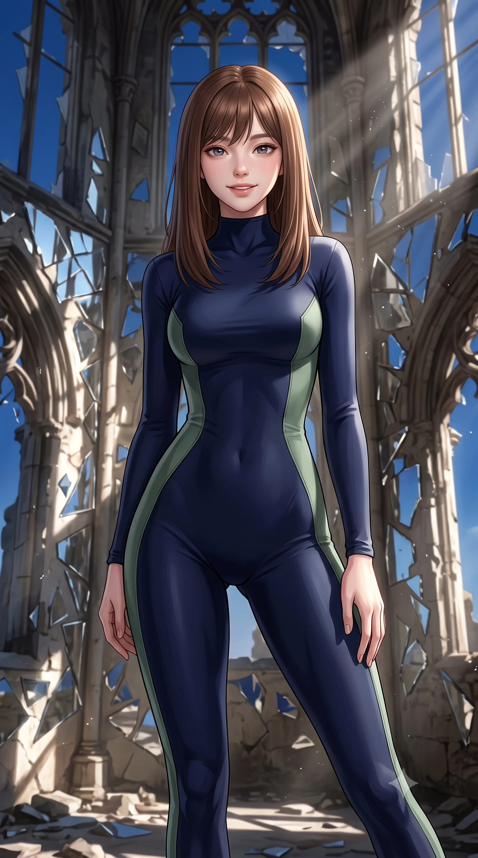 score_9, masterpiece, best quality, ultra-detailed, high-budget anime keyframe, editorial fashion photography, tasteful artistic composition, Korean woman. close-up cowboy shot from the waist and thighs up, the character dominates the composition, filling the frame with her large presence, background elements kept in soft focus. Gazing ahead with a happy, optimistic expression and a gentle smile. set against a soft-focus background of standing inside an ancient Gothic ruin where the walls are made of shattered mirror shards, reflecting fragmented pieces of a deep blue sky. She has an exceptionally elegant, slender, and willowy female figure with a highly-defined ultra-slim waist, a gracefully sculpted slender torso, and a refined slim-fit silhouette that contours her form. sharp v-shaped jawline, high-bridge nose, intricate jewel-like eyes with depth, thick eyelashes, glossy lips with a natural sheen. wearing a form-fitting catsuit in deep navy, with strategic sage green side panels that accentuate her slender waist. bright sun rays bouncing off the broken mirrors, creating sharp, chaotic beams of light and high-contrast shadows. 2k, ultra detail, master piece, 9:16 ratio
