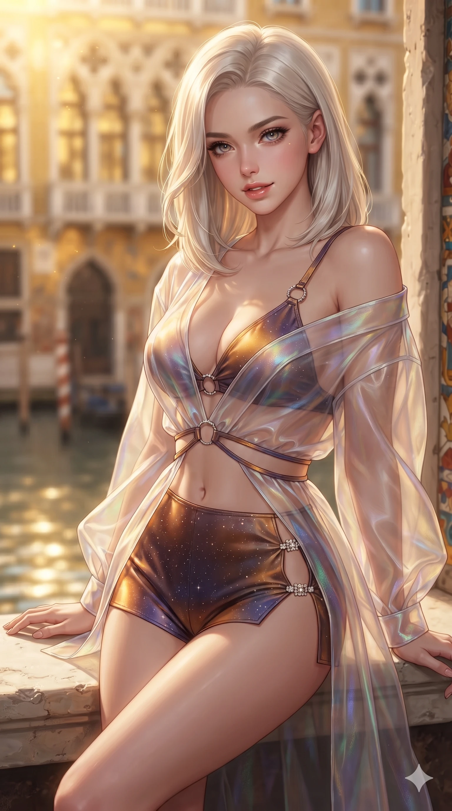 score_9, masterpiece, best quality, ultra-detailed, high-budget anime keyframe, editorial fashion photography, tasteful artistic composition, Caucasian woman. close-up cowboy shot from the waist and thighs up, the character dominates the composition, filling the frame with her large presence. leaning forward while arching her lower back to accentuate her curvy hips, looking into the camera with an intoxicating smoldering gaze and bedroom-eyes while sitting gracefully on the antique stone windowsill with legs crossed, flashing an enchanting smile with parted glossy lips. The background shows a soft-focus gilded gothic tracery arches, antique polychrome terracotta tiles, and shimmering grand canal water blurred into gold, terracotta, and cerulean bokeh. She has an exceptionally elegant, slender, and willowy female figure with an ultra-slim waist, flat toned midriff, narrow ribcage, and sculpted feminine hips creating an alluring, slim hourglass silhouette without bulk. sharp v-shaped jawline, high-bridge nose, intricate jewel-like sparkling eyes with depth, thick eyelashes, glossy parted lips with a natural sheen, intensely captivating and seductive bedroom-eyes expression, exuding both youthful cute charm and sovereign luxury allure, flawlessly proportioned anatomical accuracy, strict slender model proportions, natural body alignment, perfectly sculpted long slender limbs, ultra-slim waistline, clean dynamic posture without body distortion. wearing a translucent iridescent organza kimono robe slipping off bare shoulders over a matching satin micro-bralette and micro-shorts in cosmic eclipse amber and starlight diamond, adorned with delicate chrome ring hardware and cutouts along her slender waist, finished with an ultra-high side slit secured by miniature jeweled clasps, the bespoke structured tailoring following the natural line of her 8.5-heads silhouette with refined elegance. bathed in the blinding warm golden radiance of the morning sun reflecting off gilded palazzo facades and water. ultra-reflective glossy finish, specular highlights, rich textural contrasts, high-contrast stereoscopic depth, volumetric dynamic lighting, 2k, ultra detail, master piece, 9:16 ratio