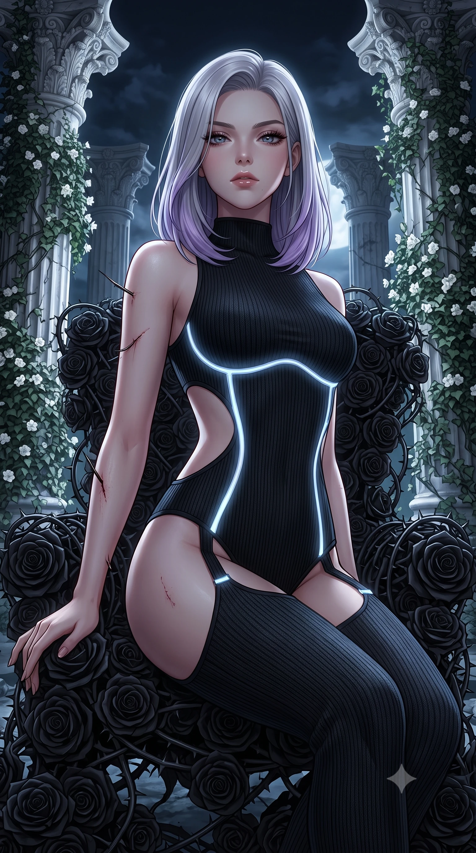 score_9, masterpiece, best quality, ultra-detailed, High-budget Anime Keyframe, Caucasian woman, strictly human ears. Low angle cowboy shot filling the entire 9:16 frame with her statuesque presence. Scenario 325: resting on a throne of black roses, thorns grazing her skin, in a moonlit ancient temple with collapsing marble pillars and white ivy. Her presence is magnetic and overpowering in this high-budget anime scene. Outfit 325: a form-contouring ribbed bodycon knit garter with a strategic side cut-outs and glowing LED seams. The clothing is designed to emphasize her exceptionally tall and slender 8-heads proportion. 8-heads proportion, towering silhouette, ultra-slim waist. sharp v-shaped jawline, intricate jewel-like eyes with depth, thick eyelashes, glossy lips. 2k, ultra detail, master piece, 9:16 ratio