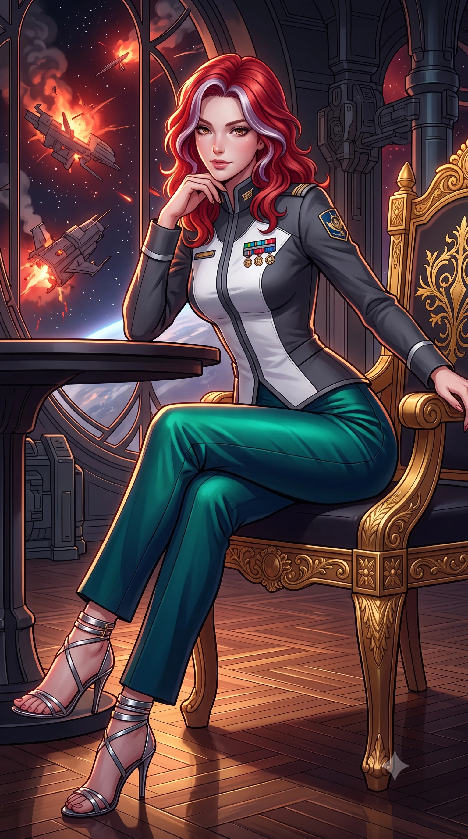 score_9, masterpiece, best quality, ultra-detailed, high-budget anime keyframe, semi-realistic 3D game render, editorial fashion photography, tasteful artistic composition, Caucasian woman. close-up cowboy shot from the waist and thighs up, the character dominates the composition, filling the frame with her large presence. resting one elbow on the table and supporting her chin, leaning close to the camera with heavy-lidded sparkling eyes and parted lips while leaning against the gold-filigree arm of the imperial throne with hips cocked back, gazing through stained-smart-glass windows at burning orbital battle wreckage with smoldering bedroom-eyes. The surrounding environment is rendered in vivid detail and crisp panoramic clarity: detailed anime keyframe lines, rich fabric textures, and monumental imperial space architecture in razor-sharp precision. She has an exceptionally elegant, slender, and willowy female figure with an ultra-slim waist, flat toned midriff, narrow ribcage, and sculpted feminine hips creating an alluring, slim hourglass silhouette without bulk. sharp v-shaped jawline, high-bridge nose, intricate jewel-like sparkling eyes with depth, thick eyelashes, glossy parted lips with a natural peach sheen, bright cheerful beaming smile with an enchanting and coquettish sensual glint, exuding both youthful cute charm and seductive allure, flawlessly proportioned anatomical accuracy, strict slender model proportions, natural body alignment, perfectly sculpted long slender limbs, ultra-slim waistline, clean dynamic posture without body distortion. wearing a tailored orbital colony command uniform in dark grey and white paneling with rank insignia pins and tailored straight-leg trousers in bioluminescent emerald and abyssal sapphire, crafted from bespoke double-faced cashmere with an exceptionally soft tactile finish, complemented by strappy stiletto sandals with metallic ankle wraps accentuating her slender calves, the bespoke structured tailoring following the natural line of her 8.5-heads silhouette with refined elegance. illuminated by polished parquet reflection bounce and sharp gold-plasma rim lights sculpting her jawline, narrow waist, and curvy hips. highly saturated vibrant anime colors, detailed shading with soft gradients, rich glossy textures, high-contrast stereoscopic depth, volumetric dynamic lighting, master piece, 9:16 ratio