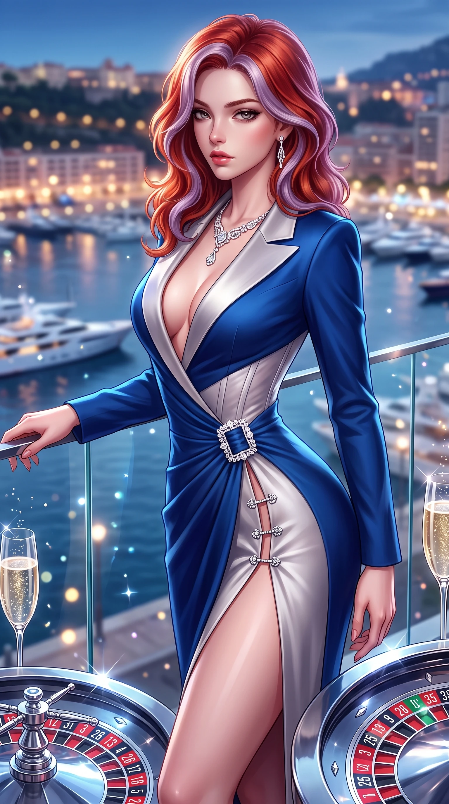 score_9, masterpiece, best quality, ultra-detailed, high-budget anime keyframe, semi-realistic 3D game render, editorial fashion photography, tasteful artistic composition, Caucasian woman. close-up cowboy shot from the waist and thighs up, the character dominates the composition, filling the frame with her large presence. twisting her slender torso in a deep contrapposto stance, hips dramatically shifted to accentuate her feminine curves while looking past her shoulder with smoldering bedroom-eyes while leaning against the glass penthouse terrace balustrade overlooking Monaco harbor, hips cocked back in a seductive high-fashion stance. The composition keeps background elements in soft focus with creamy bokeh. crystal champagne bubbles and roulette wheel chrome reflections scattering sparkling light motes. She has an exceptionally elegant, slender, and willowy female figure with an ultra-slim waist, a gracefully sculpted slender torso, toned flat midriff, and rounded feminine hips creating an alluring hourglass silhouette. sharp v-shaped jawline, high-bridge nose, intricate jewel-like eyes with depth, thick eyelashes, glossy parted lips with a natural sheen, intensely captivating and seductive bedroom-eyes expression, flawlessly proportioned anatomical accuracy, strict slender model proportions, natural body alignment, perfectly sculpted long slender limbs, ultra-slim waistline, clean dynamic posture without body distortion. wearing a tailored tuxedo jacket dress with satin lapels, worn with a deep plunge neckline and diamond hip buckle in royal sapphire blue and brushed platinum, tailored from fluid silk crepe with delicate inner corsetry boning, finished with an ultra-high side slit secured by miniature jeweled clasps, the form-contouring material adhering flawlessly to her sculpted flat midriff and slender torso, emphasizing her long leg lines and perfectly proportioned willowy build. illuminated by crisp directional spotlights sharply defining her narrow waistline, sculpted spine, and curvy hips. highly saturated vibrant anime colors, detailed shading with soft gradients, rich glossy textures, high-contrast stereoscopic depth, volumetric dynamic lighting, master piece, 9:16 ratio