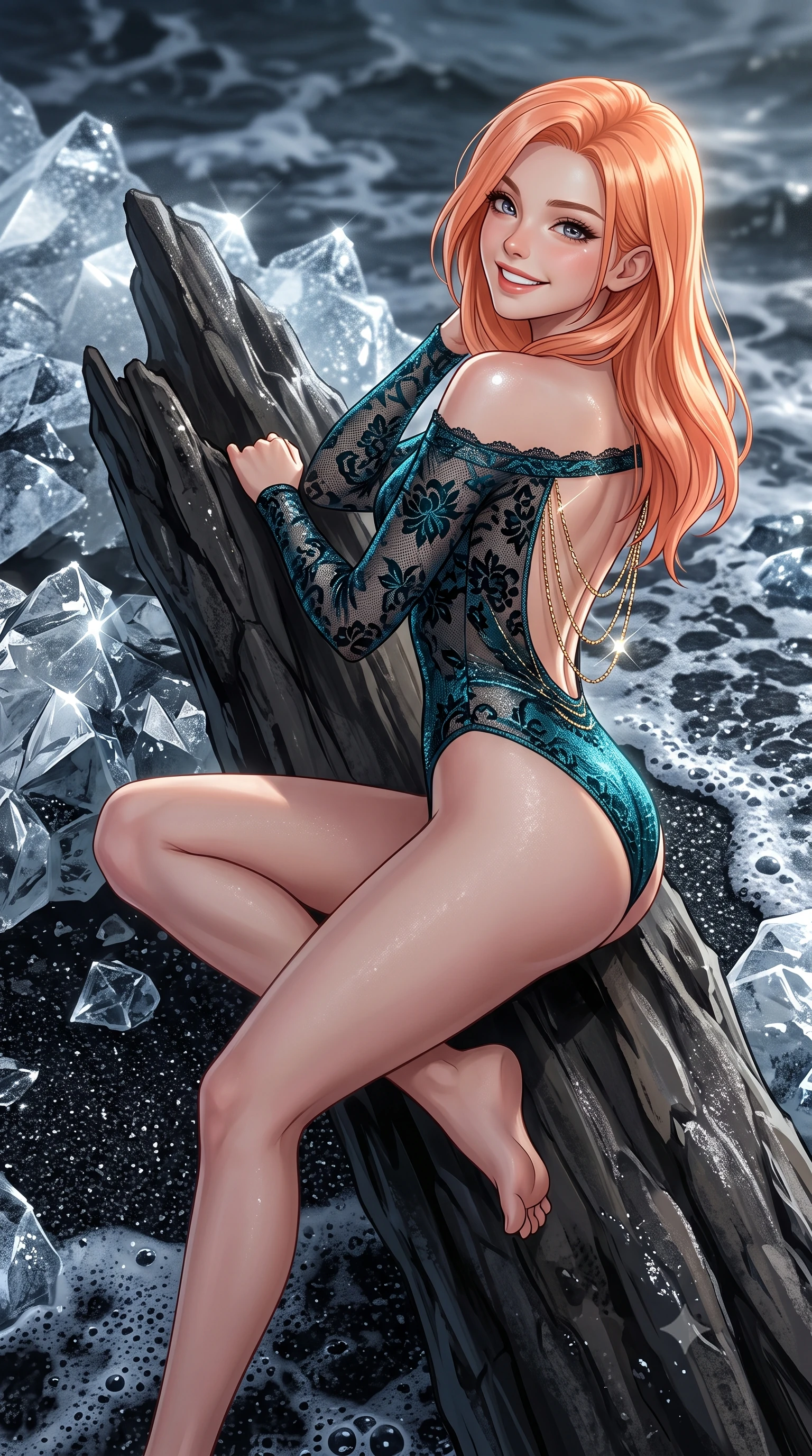 score_9, masterpiece, best quality, ultra-detailed, high-budget anime keyframe, editorial fashion photography, tasteful artistic composition, Japanese woman. close-up cowboy shot from the waist and thighs up, the character dominates the composition, filling the frame with her large presence. perched sideways on the lounge seat, one knee drawn up to showcase her slender leg line while her arched back accentuates her feminine hip curve while reclining gracefully on the dry basalt driftwood bench propped on one elbow with legs extended, displaying her long slender limbs and statuesque hourglass silhouette. The surrounding environment is rendered in vivid detail and crisp panoramic clarity: sharp crystalline ice facet transparency, fine wet black sand grains, and bubbling sea foam edges in deep focus. She has an exceptionally elegant, slender, and willowy female figure with an ultra-slim waist, flat toned midriff, narrow ribcage, and sculpted feminine hips creating an alluring, slim hourglass silhouette without bulk. sharp v-shaped jawline, high-bridge nose, intricate jewel-like sparkling eyes with depth, thick eyelashes, glossy parted lips with a natural peach sheen, bright cheerful beaming smile with an enchanting and coquettish sensual glint, exuding both youthful cute charm and seductive allure, flawlessly proportioned anatomical accuracy, strict slender model proportions, natural body alignment, perfectly sculpted long slender limbs, ultra-slim waistline, clean dynamic posture without body distortion. wearing an off-the-shoulder sheer-illusion Spanish lace bodysuit with strategic floral flocking and high-cut leg openings in Icelandic geothermal cyan and volcanic basalt obsidian, woven from stretch metallic lurex jersey casting radiant starlight glints across her curves, accented with an open-back drape framed by falling strands of delicate gold chains, the form-contouring silhouette accentuating her sculpted flat midriff, narrow delicate ribcage, and gracefully curvy hips with intoxicating allure. illuminated by ice crystal specular refraction and sharp diamond-silver rim lights defining her dewy collarbones, ultra-slim waist, and curvy hips. ultra-reflective glossy finish, specular highlights, rich textural contrasts, high-contrast stereoscopic depth, volumetric dynamic lighting, 2k, ultra detail, master piece, 9:16 ratio