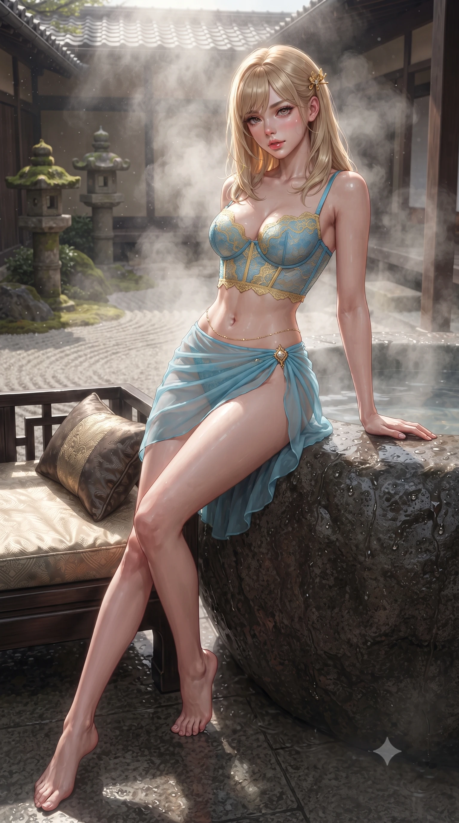score_9, masterpiece, best quality, ultra-detailed, high-budget anime keyframe, editorial fashion photography, tasteful artistic composition, Japanese woman. low angle full-body shot from head to toe showing her feet, filling the entire 9:16 vertical frame with her statuesque presence, stretching her vertical silhouette. lounging on the lavish daybed with legs crossed and hips angled toward the camera, displaying her toned midriff and long slender limbs with effortless siren poise while leaning against the volcanic boulder tub rim with hips cocked back, looking through rising mineral steam with intoxicating bedroom-eyes. The surrounding environment is rendered in vivid detail and crisp panoramic clarity: detailed wet-look high-cut monokini cling, gold hairpin shine, and traditional Kyoto courtyard craftsmanship in razor-sharp precision. She has an absolutely perfect, statuesque 8.5-heads proportion, an exceptionally tall and slender model-like female figure with impossibly long slender legs, an ultra-slim waist, a flat toned midriff, narrow delicate ribcage, and beautifully sculpted feminine hips creating a graceful, slim hourglass silhouette without any bulky heaviness. sharp v-shaped jawline, high-bridge nose, sparkling eyes with hypnotic seductive depth, thick curled eyelashes, glossy parted lips with a natural dewy peach sheen, alluring bedroom-eyes with an enchanting coquettish smile, exuding magnetic siren charisma and sophisticated glamour, flawlessly proportioned anatomical accuracy, strict slender model proportions, natural body alignment, perfectly sculpted long slender limbs, ultra-slim waistline, clean dynamic posture without body distortion. wearing a delicate French lace underwire bustier paired with a draped sheer chiffon wrap mini skirt and gold hip brooch in Amalfi azure blue and sunlit lemon gold, woven from stretch metallic lurex jersey casting radiant starlight glints across her silhouette, accented with a dainty gold belly chain resting across her flat midriff and curving hips, the high-slit wrap tailoring accentuating her ultra-slim waistline and the enchanting curve of her feminine hips with alluring seductive charm. illuminated by steam particle light scatter and sharp crimson-gold rim lights defining her delicate clavicles, ultra-slim waist, and curvy hips. ultra-reflective glossy finish, specular highlights, rich textural contrasts, high-contrast stereoscopic depth, volumetric dynamic lighting, 2k, ultra detail, master piece, 9:16 ratio