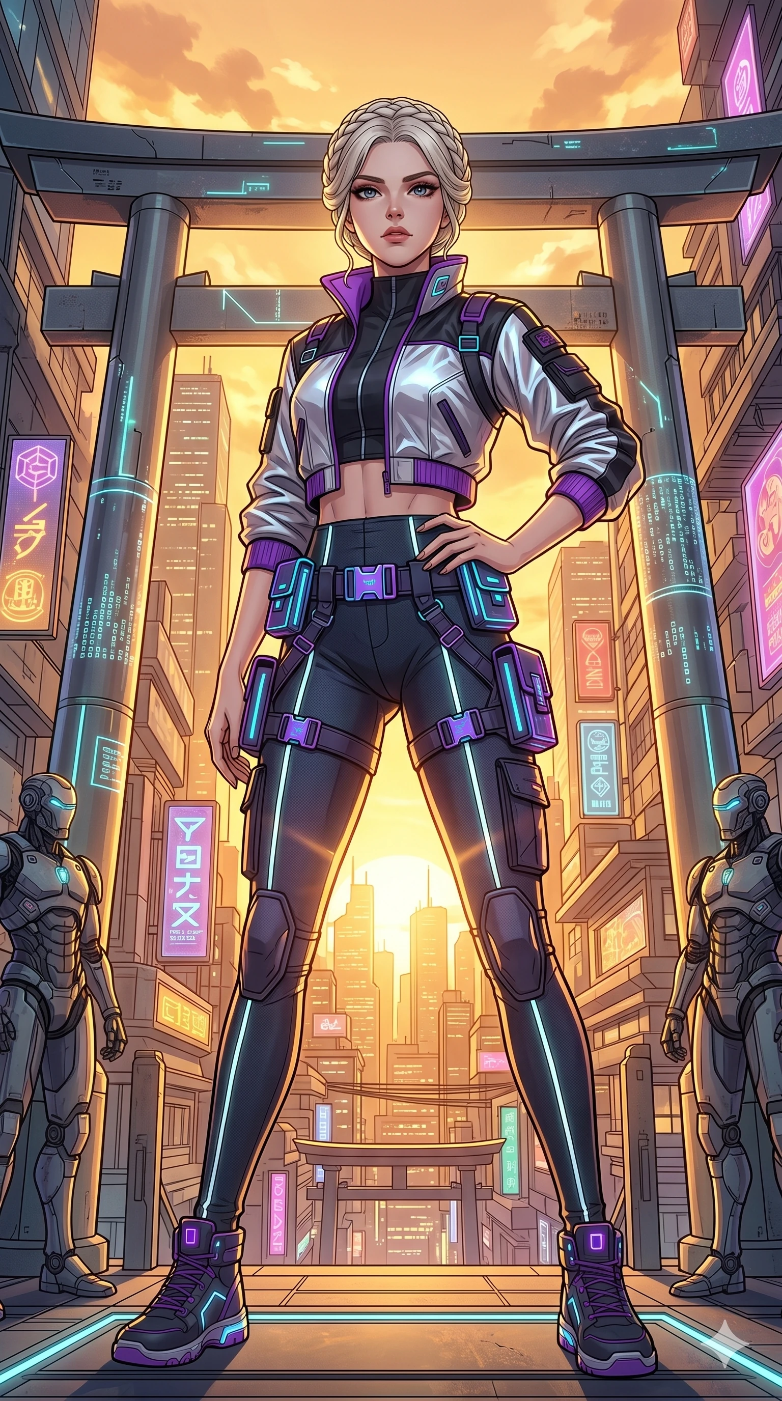 score_9, masterpiece, best quality, ultra-detailed, high-budget anime movie keyframe, cinematic anime lighting, intricate line art, Korean woman. Low angle cowboy shot filling the entire 9:16 frame with her statuesque presence. standing victoriously in a cyber-temple in Neo-Tokyo during a golden sunset. She has an absolutely perfect 8-heads proportion, an exceptionally tall and slender female figure with an ultra-slim waist and impossibly long slender legs. sharp v-shaped jawline, high-bridge nose, intricate jewel-like eyes, thick eyelashes, glossy lips. Wearing modern urban tech-wear ensemble with a cropped reflective bomber jacket, ultra-slim high-waisted cargo leggings, and tactical harness with neon-lit pouches. The scene is illuminated by dramatic atmospheric lighting and vibrant color palettes. , 2k, ultra detail, master piece, 9:16 ratio