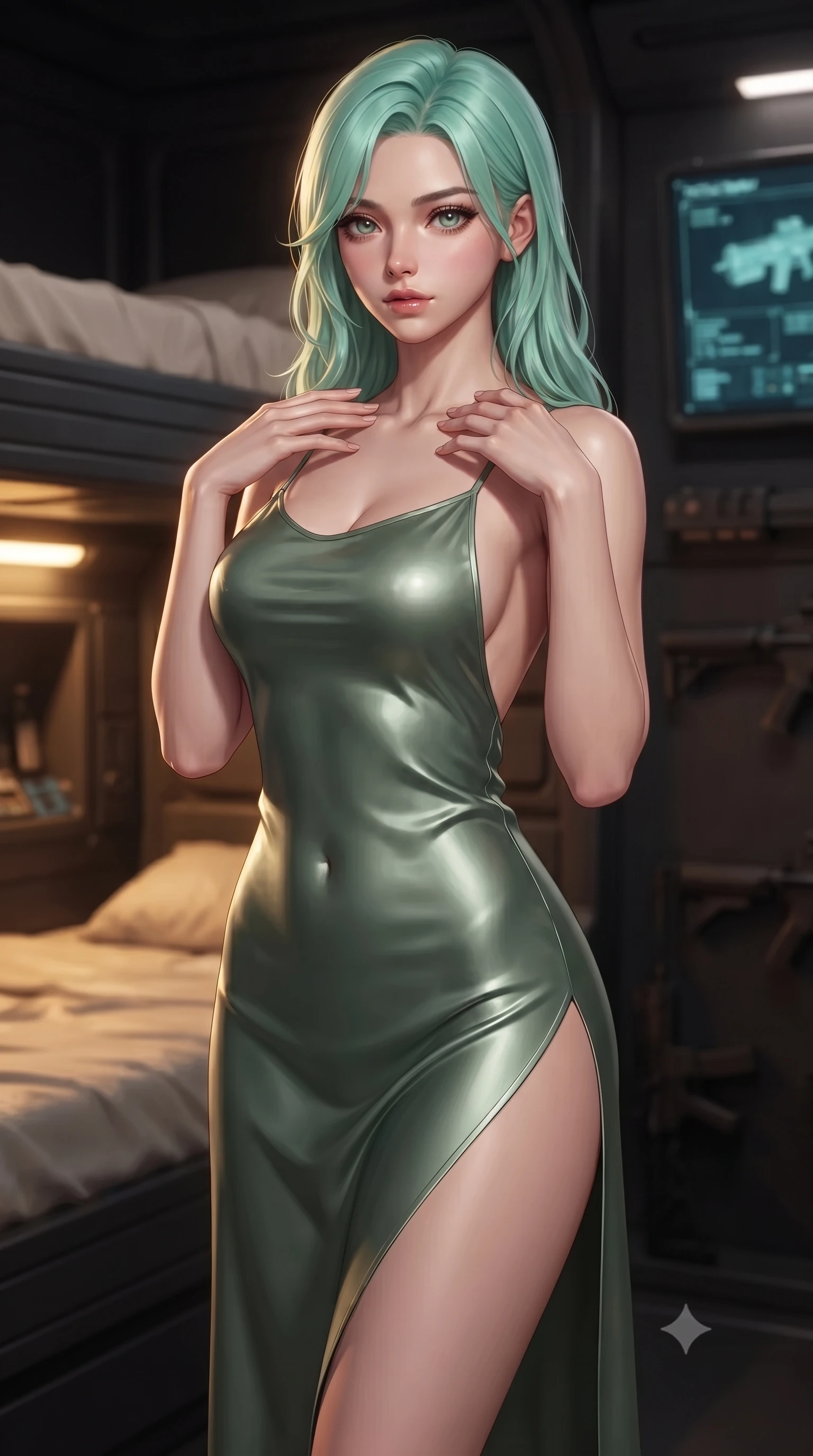 score_9, masterpiece, best quality, ultra-detailed, high-budget anime keyframe, editorial fashion photography, tasteful artistic composition, Japanese woman. close-up cowboy shot from the waist and thighs up, the character dominates the composition, filling the frame with her large presence, background elements kept in soft focus. standing in a relaxed, elegant posture with both hands resting lightly on her collarbone, looking at the viewer with bedroom-eyes, the background shows a soft-focus a private quarters aboard an interstellar singularity warship with dark carbon walls. She has an exceptionally elegant, slender, and willowy female figure with an ultra-slim waist, a gracefully sculpted slender torso, and a refined silhouette. sharp v-shaped jawline, high-bridge nose, intricate jewel-like eyes with depth, thick eyelashes, glossy lips with a natural sheen. wearing a slim-fit lightweight silk combat slip dress in sage green, featuring a high side slit and a low-cut back. warm golden light from reading consoles casting cozy, intimate shadows on silk sheets. ultra-reflective glossy finish, specular highlights, metallic sheen, high-contrast stereoscopic depth, volumetric dynamic lighting, 2k, ultra detail, master piece, 9:16 ratio