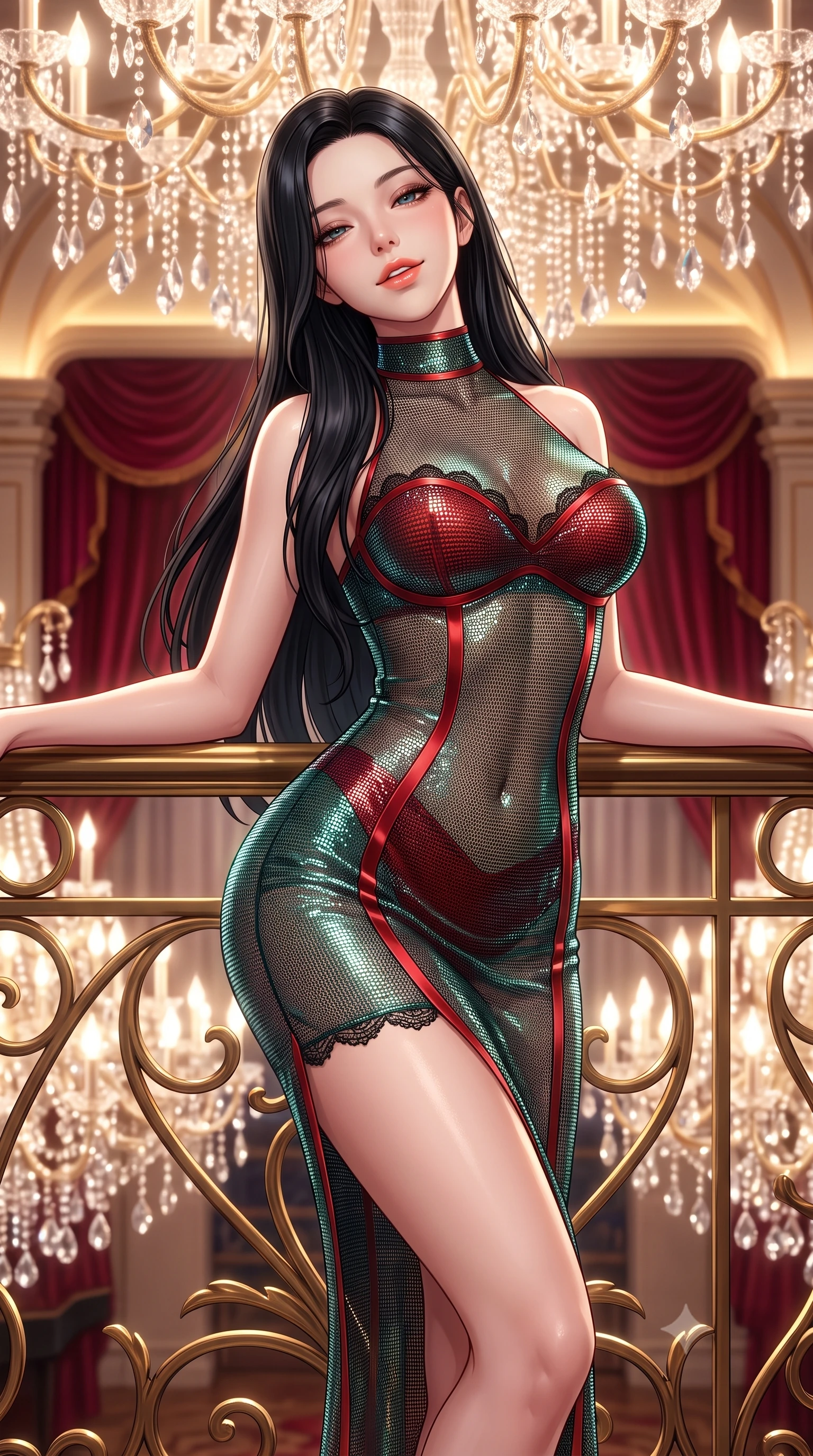 score_9, masterpiece, best quality, ultra-detailed, high-budget anime keyframe, semi-realistic 3D game render, editorial fashion photography, tasteful artistic composition, Korean woman. close-up cowboy shot from the waist and thighs up, the character dominates the composition, filling the frame with her large presence. leaning back against the balustrade with relaxed seductive grace, head tilted back slightly while casting a hypnotic, heavy-lidded gaze while standing framed against the ornate gilded wrought-iron balcony overlooking the grand ballroom, arching her spine with majestic royal siren presence. The background shows a soft-focus draped crimson velvet curtains softened in opulent European royal gala shallow focus. She has an exceptionally elegant, slender, and willowy female figure with an ultra-slim waist, flat toned midriff, narrow ribcage, and sculpted feminine hips creating an alluring, slim hourglass silhouette without bulk. sharp v-shaped jawline, high-bridge nose, sparkling eyes with hypnotic seductive depth, thick curled eyelashes, glossy parted lips with a natural dewy peach sheen, alluring bedroom-eyes with an enchanting coquettish smile, exuding magnetic siren charisma and sophisticated glamour, flawlessly proportioned anatomical accuracy, strict slender model proportions, natural body alignment, perfectly sculpted long slender limbs, ultra-slim waistline, clean dynamic posture without body distortion. wearing a provocative high-neck sheer illusion cocktail dress with liquid satin ribbons contouring her curves in Kyoto bamboo jade and lacquer vermilion, crafted from shimmering fluid chainmail mesh reflecting ambient lights, finished with scalloped eyelash lace trim framing her sweetheart neckline with intimate elegance, the second-skin tailored fabric adhering flawlessly to her sculpted flat midriff and slender torso, emphasizing her long leg lines and perfectly proportioned willowy build. bathed in the dazzling multi-directional brilliance of thousands of crystal chandelier prisms combined with warm cove uplights. highly saturated vibrant anime colors, detailed shading with soft gradients, rich glossy textures, high-contrast stereoscopic depth, volumetric dynamic lighting, master piece, 9:16 ratio