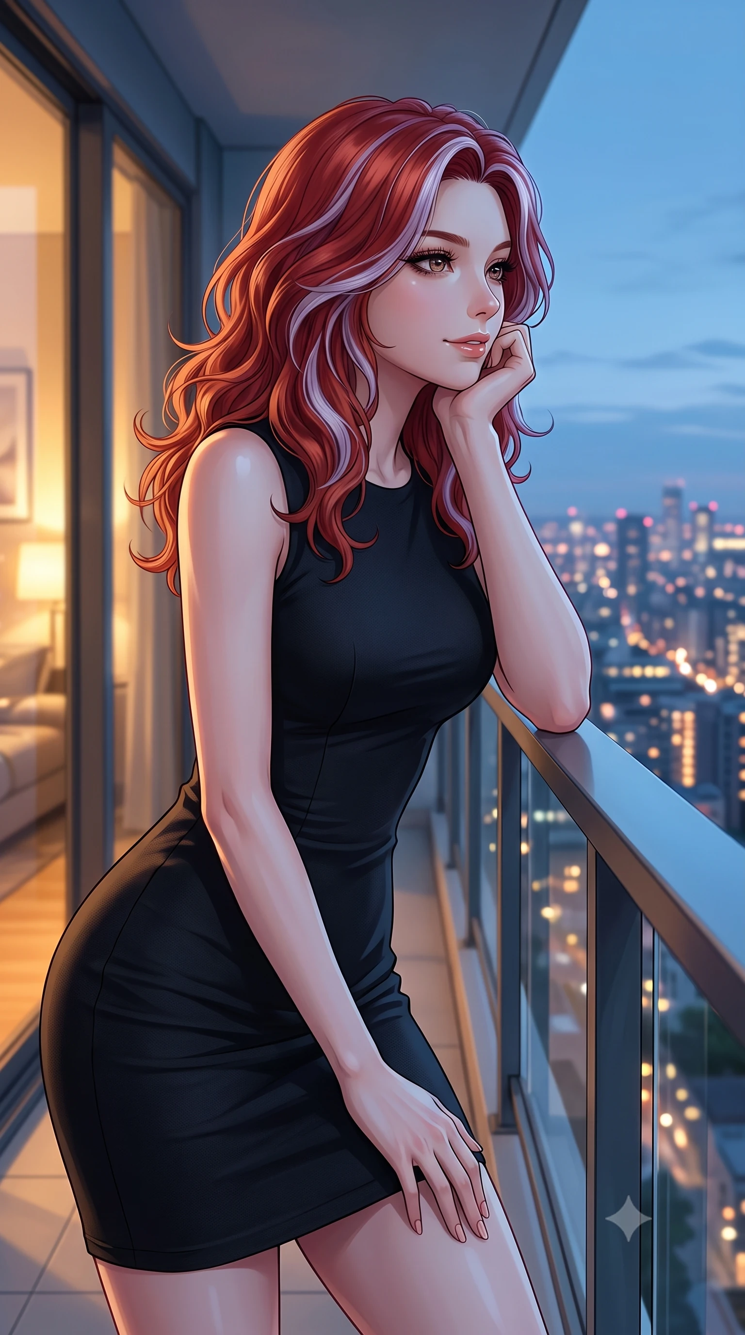 score_9, masterpiece, best quality, ultra-detailed, high-budget anime keyframe, editorial fashion photography, tasteful artistic composition, Caucasian woman woman. close-up cowboy shot from the waist and thighs up, the character dominates the composition, filling the frame with her large presence, background elements kept in soft focus. resting her chin on her hand, looking out at the beautiful scenery with a soft smile the background shows a soft-focus a modern apartment balcony overlooking a distant glittering city skyline at dusk. She has an exceptionally elegant, slender, and willowy female figure with an ultra-slim waist, a gracefully sculpted slender torso, and a refined silhouette. sharp v-shaped jawline, high-bridge nose, intricate jewel-like eyes with depth, thick eyelashes, glossy lips with a natural sheen. wearing a tailored form-fitting black bodycon dress in structured crepe fabric with a simple crew neck. the cool blue twilight sky contrasting with the warm golden lights of the room inside. 2k, ultra detail, master piece, 9:16 ratio