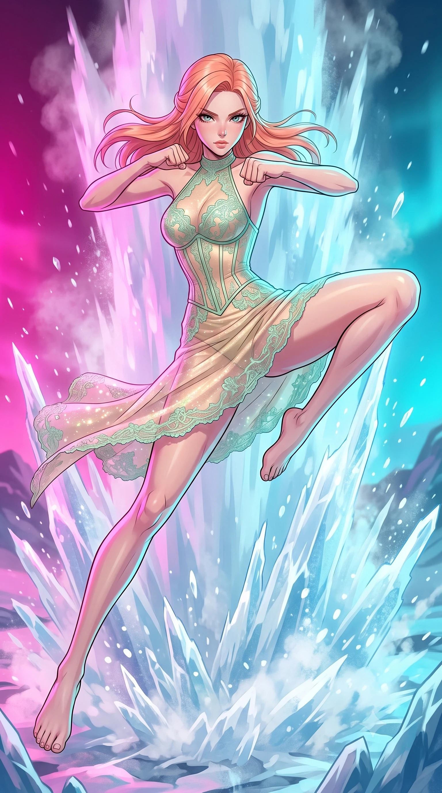 score_9, masterpiece, best quality, ultra-detailed, high-budget anime keyframe, clean line-art, cel-shading, Japanese woman. low angle full-body shot from head to toe showing her feet, filling the entire 9:16 vertical frame with her statuesque presence, stretching her vertical silhouette. spinning mid-air with intense momentum to deliver a decisive strike within a geothermal ice geyser erupting high-velocity columns of ice crystals and freezing steam on an alien tundra. She has a statuesque 8.5-heads proportion, an exceptionally tall, slender and willowy model-like build with impossibly long legs and a highly sculpted ultra-slim waist. sharp v-shaped jawline, high-bridge nose, intricate jewel-like eyes with depth, thick eyelashes, glossy lips with a natural sheen. wearing catching and diffusing the glowing particles, shimmering softly in response to the surrounding light, a slim-fit semi-transparent halter dress in champagne gold, featuring a mint green lace overlay and a visible structured corset. dual-tone lighting with hot magenta from the left and cool cyan from the right. highly saturated vibrant anime colors, intense vivid color palette, volumetric dynamic lighting, 2k, ultra detail, master piece, 9:16 ratio