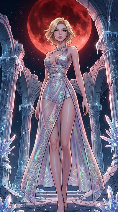 score_9, masterpiece, best quality, ultra-detailed, high-budget anime movie keyframe, cinematic anime lighting, intricate line art, Caucasian (strictly human ears) woman. Low angle cowboy shot filling the entire 9:16 frame with her statuesque presenc