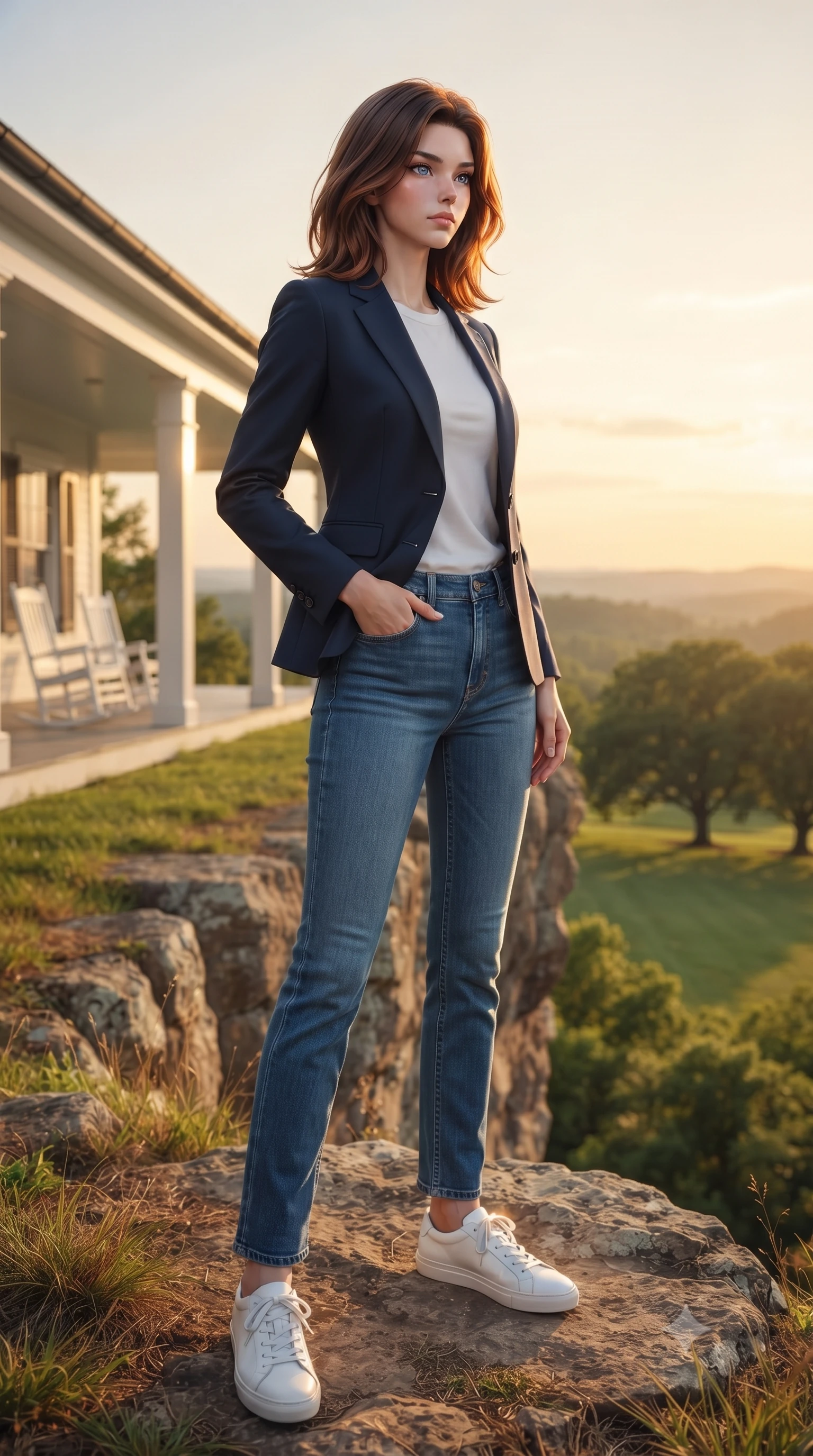 score_9, masterpiece, best quality, ultra-detailed, high-budget anime keyframe, editorial fashion photography, tasteful artistic composition, Korean woman woman. low angle full-body shot from head to toe showing her feet, filling the entire 9:16 vertical frame with her statuesque presence, stretching her vertical silhouette. standing proud on a scenic cliff overlooking the valley, her silhouette framed by the golden sky the background shows a soft-focus a wide white veranda with rocking chairs, overlooking a large green lawn with oak trees. She has an absolutely perfect, statuesque 8.5-heads proportion, an exceptionally tall and slender model-like female figure with impossibly long slender legs and an ultra-slim waist. sharp v-shaped jawline, high-bridge nose, intricate jewel-like eyes with depth, thick eyelashes, glossy lips with a natural sheen. wearing a body-hugging classic navy blue blazer over a white crewneck shirt and straight-leg blue jeans. soft late afternoon sunbeams casting a nostalgic, peaceful glow. ultra-reflective glossy finish, specular highlights, metallic sheen, high-contrast stereoscopic depth, volumetric dynamic lighting, 2k, ultra detail, master piece, 9:16 ratio