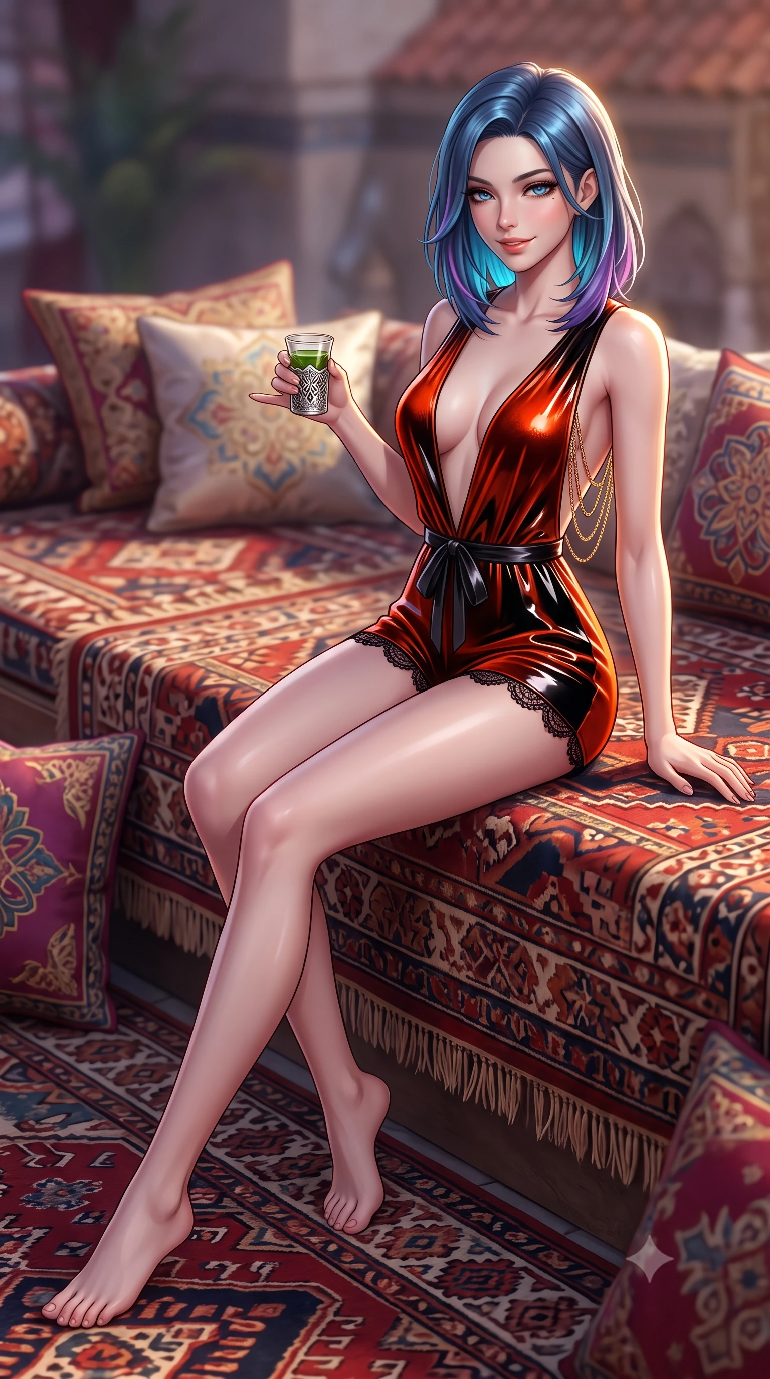 score_9, masterpiece, best quality, ultra-detailed, high-budget anime keyframe, semi-realistic 3D game render, editorial fashion photography, tasteful artistic composition, Caucasian woman. low angle full-body shot from head to toe showing her feet, filling the entire 9:16 vertical frame with her statuesque presence, stretching her vertical silhouette. stepping slowly toward the camera with hypnotic grace, hips swaying in an alluring sensual rhythm that accentuates her curvy hourglass silhouette and long slender legs while sitting perched on the edge of the carpeted lounge with legs extended, holding a silver mint tea glass with a captivating seductive smile. The background shows a soft-focus embroidered silk pillows and kilim rugs softened in romantic Arabian Nights shallow focus. She has an absolutely perfect, statuesque 8.5-heads proportion, an exceptionally tall and slender model-like female figure with impossibly long slender legs, an ultra-slim waist, a flat toned midriff, narrow delicate ribcage, and beautifully sculpted feminine hips creating a graceful, slim hourglass silhouette without any bulky heaviness. sharp v-shaped jawline, high-bridge nose, sparkling eyes with hypnotic seductive depth, thick curled eyelashes, glossy parted lips with a natural dewy peach sheen, alluring bedroom-eyes with an enchanting coquettish smile, exuding magnetic siren charisma and sophisticated glamour, flawlessly proportioned anatomical accuracy, strict slender model proportions, natural body alignment, perfectly sculpted long slender limbs, ultra-slim waistline, clean dynamic posture without body distortion. wearing a plunge-neck stretch velvet romper with scalloped eyelash-lace hems and a cinched waist ribbon in Pudong electric vermilion and obsidian lacquer, crafted from wet-look high-gloss vinyl fabric with dazzling specular surface reflections, accented with an open-back drape framed by falling strands of delicate gold chains, the glove-like clinging cut tightly following the natural contour of her hips and long slender legs with youthful 8.5-heads elegance. illuminated by rooftop tile reflection fill and sharp flame-gold rim lights sculpting her jawline, flat midriff, and voluptuous hip curves. highly saturated vibrant anime colors, detailed shading with soft gradients, rich glossy textures, high-contrast stereoscopic depth, volumetric dynamic lighting, master piece, 9:16 ratio