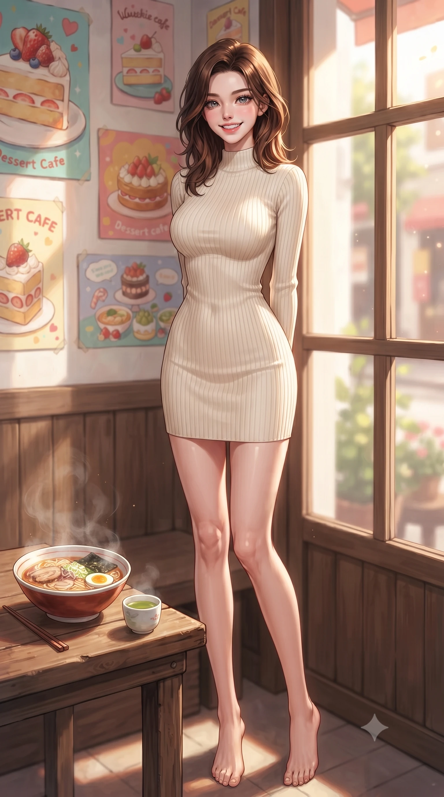 score_9, masterpiece, best quality, ultra-detailed, high-budget anime keyframe, editorial fashion photography, tasteful artistic composition, Korean woman. low angle full-body shot from head to toe showing her feet, filling the entire 9:16 vertical frame with her statuesque presence, stretching her vertical silhouette. standing with a cute, bright pose, tilting her head with a beaming smile set against a soft-focus background of in a cozy dessert cafe corner decorated with colorful cake paintings with a steaming bowl of ramen and a small cup of hot green tea nearby. She has an absolutely perfect, statuesque 8.5-heads proportion, an exceptionally tall and slender model-like female figure with impossibly long slender legs and an ultra-slim waist. sharp v-shaped jawline, high-bridge nose, intricate jewel-like eyes with depth, thick eyelashes, glossy lips with a natural sheen. wearing body-hugging form-fitting ribbed knit dress in cream, contouring her slender silhouette. bright afternoon sunlight streaming through the large window pane. ultra-reflective glossy finish, specular highlights, metallic sheen, high-contrast stereoscopic depth, volumetric dynamic lighting, 2k, ultra detail, master piece, 9:16 ratio