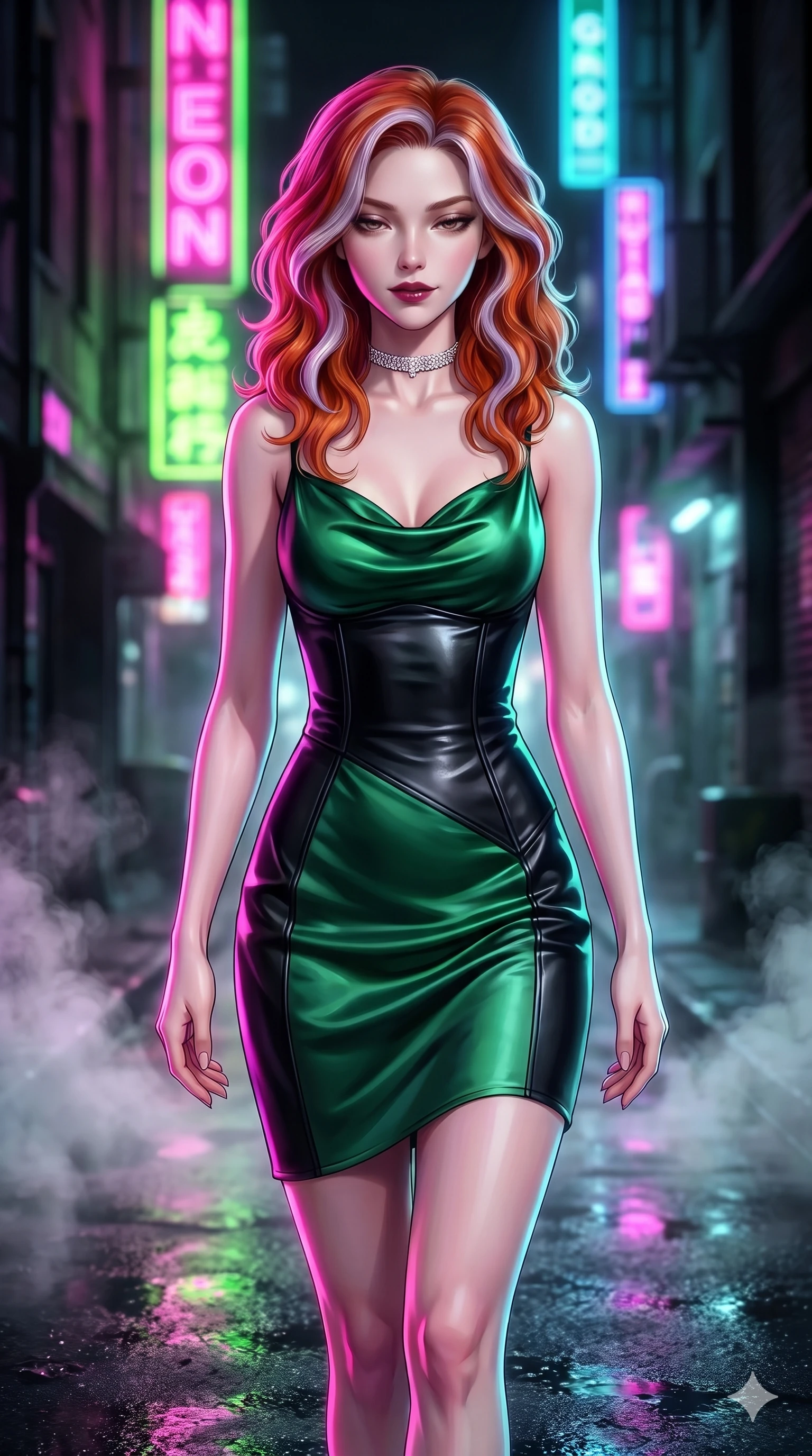 score_9, masterpiece, best quality, ultra-detailed, high-budget anime keyframe, semi-realistic 3D game render, editorial fashion photography, tasteful artistic composition, Caucasian woman. close-up cowboy shot from the waist and thighs up, the character dominates the composition, filling the frame with her large presence. glancing down over lowered lashes before meeting the camera with quiet, devastating intensity, her tailored outfit tracing her ultra-slim waist and hips while stepping forward out of the misty alley shadows with hypnotic poise, hips swaying in an alluring supermodel rhythm. The background shows a soft-focus dense vertical neon signs in hot pink, lime green, and electric blue, rising steam plumes, and wet asphalt blurred into neon candy bokeh. She has an exceptionally elegant, slender, and willowy female figure with an ultra-slim waist, flat toned midriff, narrow ribcage, and sculpted feminine hips creating an alluring, slim hourglass silhouette without bulk. sharp v-shaped jawline, high-bridge nose, intricate jewel-like dark sparkling eyes with dangerous depth, thick curled eyelashes, glossy parted lips with a rich wine sheen, smoldering seductive half-smile with bedroom-eyes, exuding effortless superiority and intoxicating dark allure, flawlessly proportioned anatomical accuracy, strict slender model proportions, natural body alignment, perfectly sculpted long slender limbs, ultra-slim waistline, clean dynamic posture without body distortion. wearing a cowl-neck emerald green silk satin slip dress with criss-cross back straps and hip-accentuating drape in pure obsidian monochrome with subtle metallic sheen, made of supple butter-soft lambskin leather with a subtle satin sheen, finished with a delicate diamond choker catching the chandelier light, the liquid-tight tailored fabric clinging flawlessly to her narrow waist and rounded feminine hips, emphasizing every millimeter of her sculpted slim hourglass curves without any bulky heaviness. illuminated by steam-lit ground bounce and sharp fuchsia-cyan rim lights defining her razor-sharp jawline, narrow waist, and curvy hips. highly saturated vibrant anime colors, detailed shading with soft gradients, rich glossy textures, high-contrast stereoscopic depth, volumetric dynamic lighting, master piece, 9:16 ratio