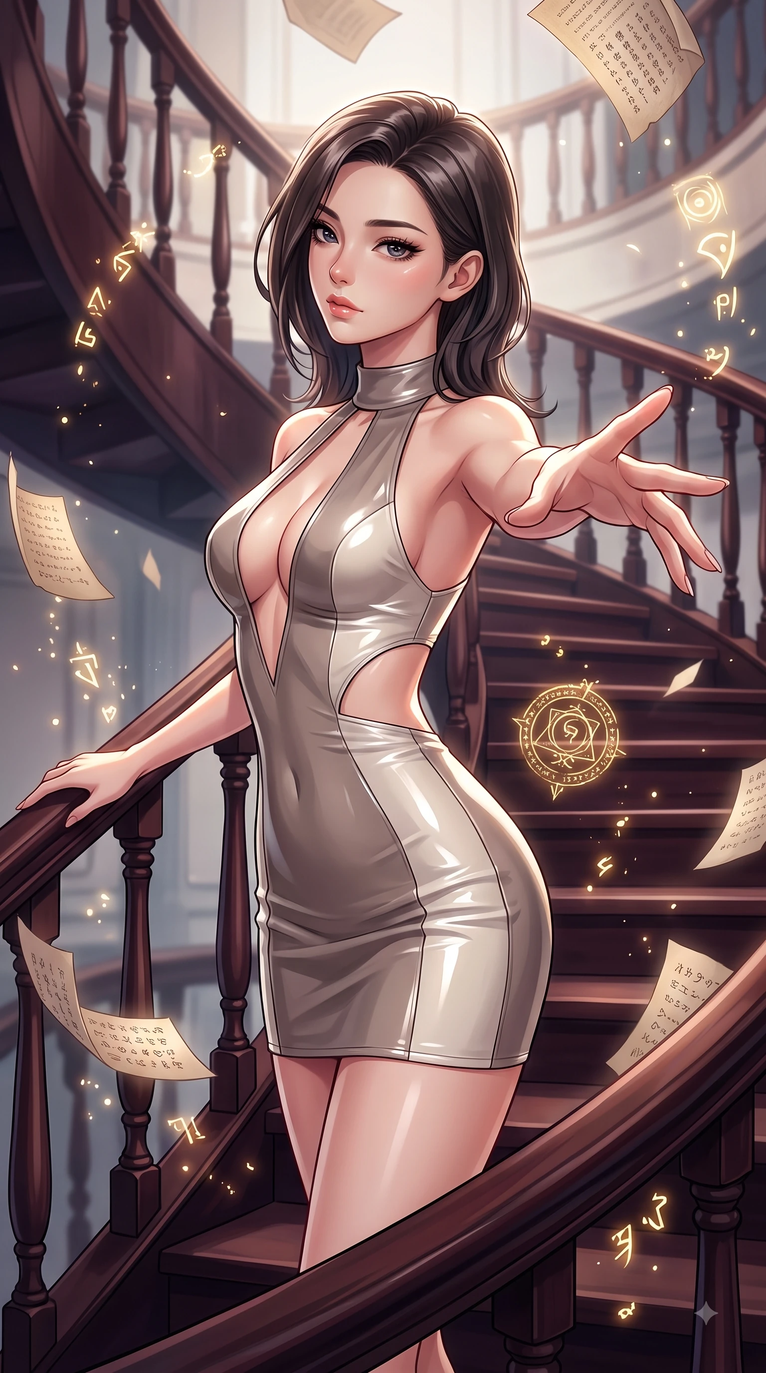 score_9, masterpiece, best quality, ultra-detailed, high-budget anime keyframe, editorial fashion photography, tasteful artistic composition, Japanese woman. close-up cowboy shot from the waist and thighs up, the character dominates the composition, filling the frame with her large presence, background elements kept in soft focus. Reaching one arm gracefully toward the camera with magnetic poise, displaying her statuesque silhouette while pivoting gracefully on a mahogany spiral staircase, casting a seductive sidelong gaze over her shoulder, floating paper pages and glowing spell runes scattering golden starlight dust motes. She has an exceptionally elegant, slender, and willowy female figure with an ultra-slim waist, a gracefully sculpted slender torso, and a refined silhouette. sharp v-shaped jawline, high-bridge nose, intricate jewel-like eyes with depth, thick eyelashes, glossy lips with a natural sheen, flawlessly proportioned anatomical accuracy, natural body alignment, perfectly sculpted elegant limbs, clean dynamic posture without body distortion. wearing a liquid mercury gloss mini dress with ultra-deep V-neck and waist cutouts in muted taupe and soft ivory, tailored from high-gloss patent leather, accented with a Tasteful chest slit framing her clavicle gracefully, the tailored fabric tightly following every curve of her athletic build. illuminated by a dramatic key light casting elegant chiaroscuro shadows. highly saturated vibrant anime colors, detailed shading with soft gradients, rich glossy textures, high-contrast stereoscopic depth, volumetric dynamic lighting, master piece, 9:16 ratio