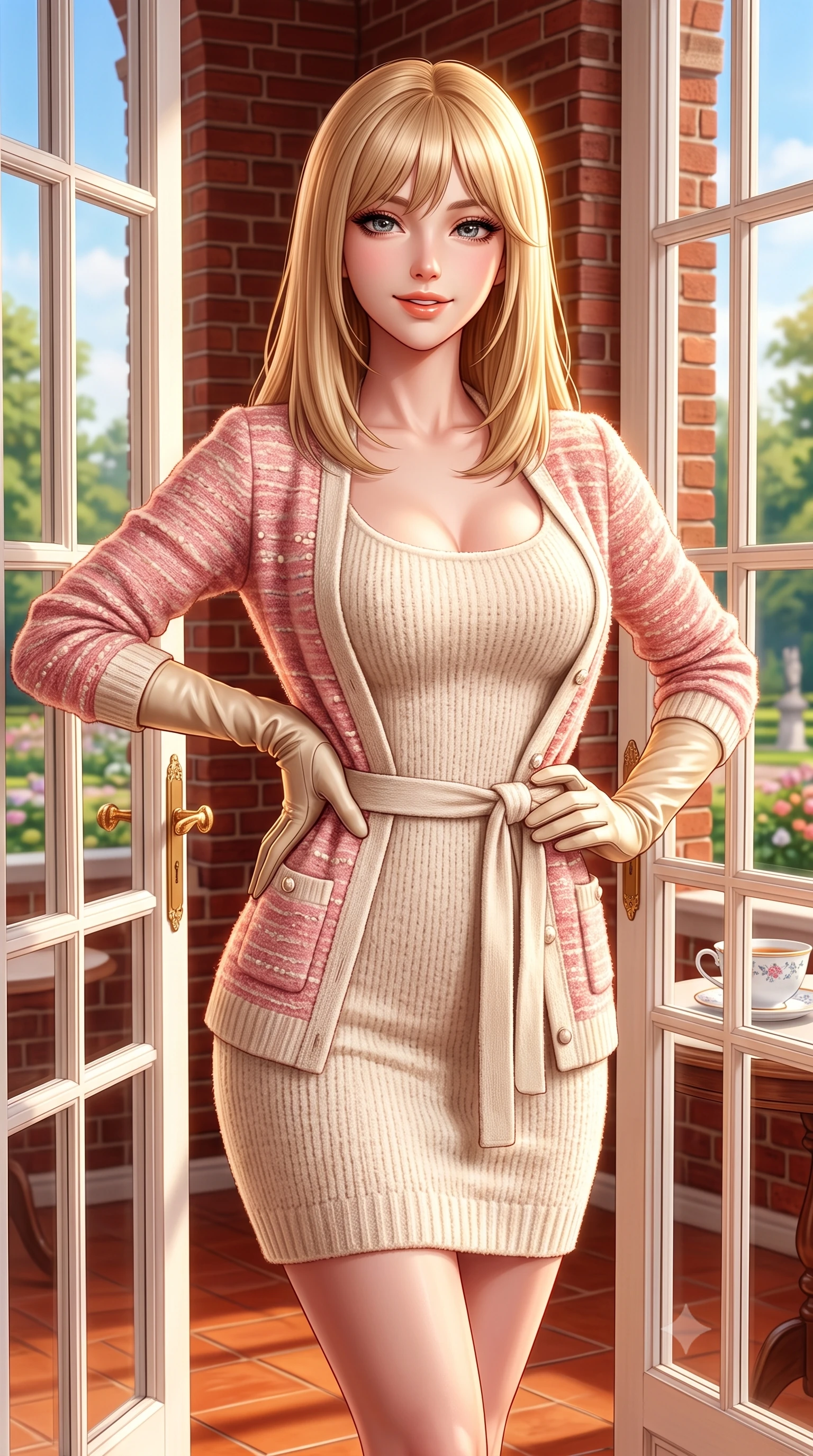 score_9, masterpiece, best quality, ultra-detailed, high-budget anime keyframe, semi-realistic 3D game render, editorial fashion photography, tasteful artistic composition, Japanese woman. close-up cowboy shot from the waist and thighs up, the character dominates the composition, filling the frame with her large presence. standing poised with hips cocked slightly to the side, one hand tracing her cinched waistline while casting an affectionate warm glance while leaning against the ornate French double doors looking out toward Kensington Gardens with a serene, captivating expression. The surrounding environment is rendered in vivid detail and crisp panoramic clarity: sharp red-brick masonry relief, delicate white painted window mullions, and fine porcelain teacup glaze in deep focus. She has an exceptionally elegant, slender, and willowy female figure with an ultra-slim waist, flat toned midriff, narrow ribcage, and sculpted feminine hips creating an alluring, slim hourglass silhouette without bulk. sharp v-shaped jawline, high-bridge nose, intricate jewel-like sparkling eyes with depth, thick eyelashes, glossy parted lips with a natural peach sheen, bright cheerful beaming smile with an enchanting and coquettish sensual glint, exuding both youthful cute charm and seductive allure, flawlessly proportioned anatomical accuracy, strict slender model proportions, natural body alignment, perfectly sculpted long slender limbs, ultra-slim waistline, clean dynamic posture without body distortion. wearing a form-fitting plush chenille knit bodycon dress hugging her torso and hips, layered with a belted open wool cardigan in Parisian pastel rose bouclé and cream pearl, tailored from stretch wool crepe providing structured compression and razor-sharp bodycon lines, complemented by buttery leather opera gloves tracing her slender arms with sleek polish, the second-skin tailored fabric adhering flawlessly to her sculpted flat midriff and slender torso, emphasizing her long leg lines and perfectly proportioned willowy build. illuminated by terracotta floor reflection fill and warm golden rim lights defining her delicate collar and willowy silhouette. highly saturated vibrant anime colors, detailed shading with soft gradients, rich glossy textures, high-contrast stereoscopic depth, volumetric dynamic lighting, master piece, 9:16 ratio