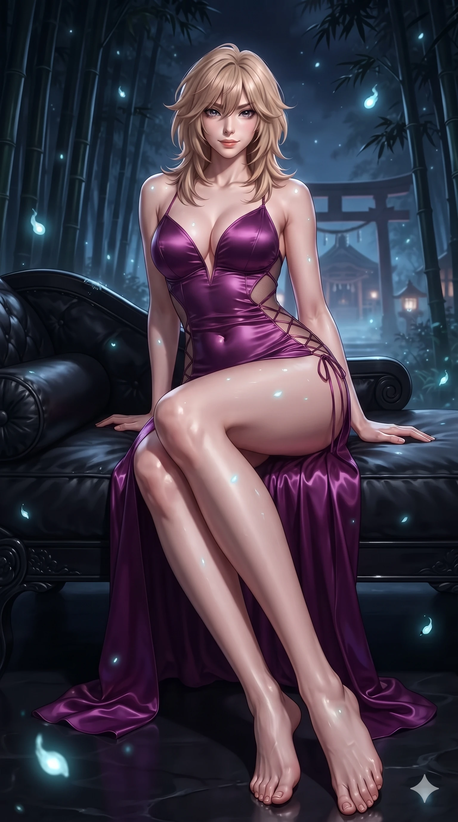 score_9, masterpiece, best quality, ultra-detailed, high-budget anime keyframe, editorial fashion photography, tasteful artistic composition, Japanese woman. low angle full-body shot from head to toe showing her feet, filling the entire 9:16 vertical frame with her statuesque presence, stretching her vertical silhouette. lounging on the lavish obsidian daybed with legs crossed, displaying her toned midriff and long slender limbs with effortless siren poise while twisting her slender torso in an alluring S-curve among towering black bamboo groves, floating spirit lights dancing across her curves. The background shows a soft-focus mystical Japanese forest shrine softened in spiritual nocturnal shallow focus. She has an absolutely perfect, statuesque 8.5-heads proportion, an exceptionally tall and slender model-like female figure with impossibly long slender legs, an ultra-slim waist, a flat toned midriff, narrow delicate ribcage, and beautifully sculpted feminine hips creating a graceful, slim hourglass silhouette without any bulky heaviness. sharp v-shaped jawline, high-bridge nose, intricate jewel-like dark sparkling eyes with hypnotic seductive depth, thick curled eyelashes, glossy parted lips with a natural wine sheen, alluring bedroom-eyes with an enigmatic smoldering smile, exuding magnetic sovereign charisma and dark avant-garde glamour, flawlessly proportioned anatomical accuracy, strict slender model proportions, natural body alignment, perfectly sculpted long slender limbs, ultra-slim waistline, clean dynamic posture without body distortion. wearing an alluring plunging sweetheart bodice dress with sheer mesh side-waist cutouts contouring her ribs in royal amaranth purple and liquid platinum, tailored from smooth liquid silk satin that clings smoothly to her narrow waist and rounded hips with a dewy sheen, featuring fine criss-cross lace-up side ties revealing tantalizing glimpses of her hip curve, the form-fitting cut adhering flawlessly to her sculpted flat midriff and slender torso, emphasizing her long leg lines and perfectly proportioned willowy build. illuminated by spirit lantern cold ground bounce and sharp silver-cyan rim lights defining her razor-sharp jawline, narrow waist, and curvy hips. ultra-reflective glossy finish, specular highlights, metallic sheen, high-contrast stereoscopic depth, volumetric dynamic lighting, 2k, ultra detail, master piece, 9:16 ratio